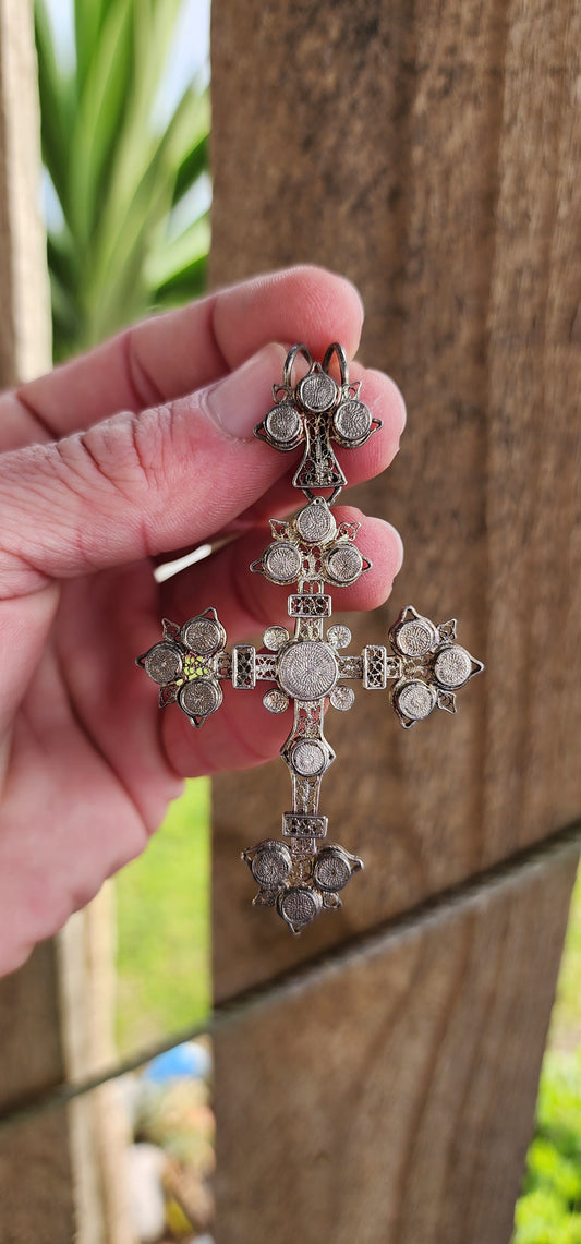 Incredibly beautiful and large sized Antique Victorian Byzanite Sterling Silver Filigree Cross pendant.