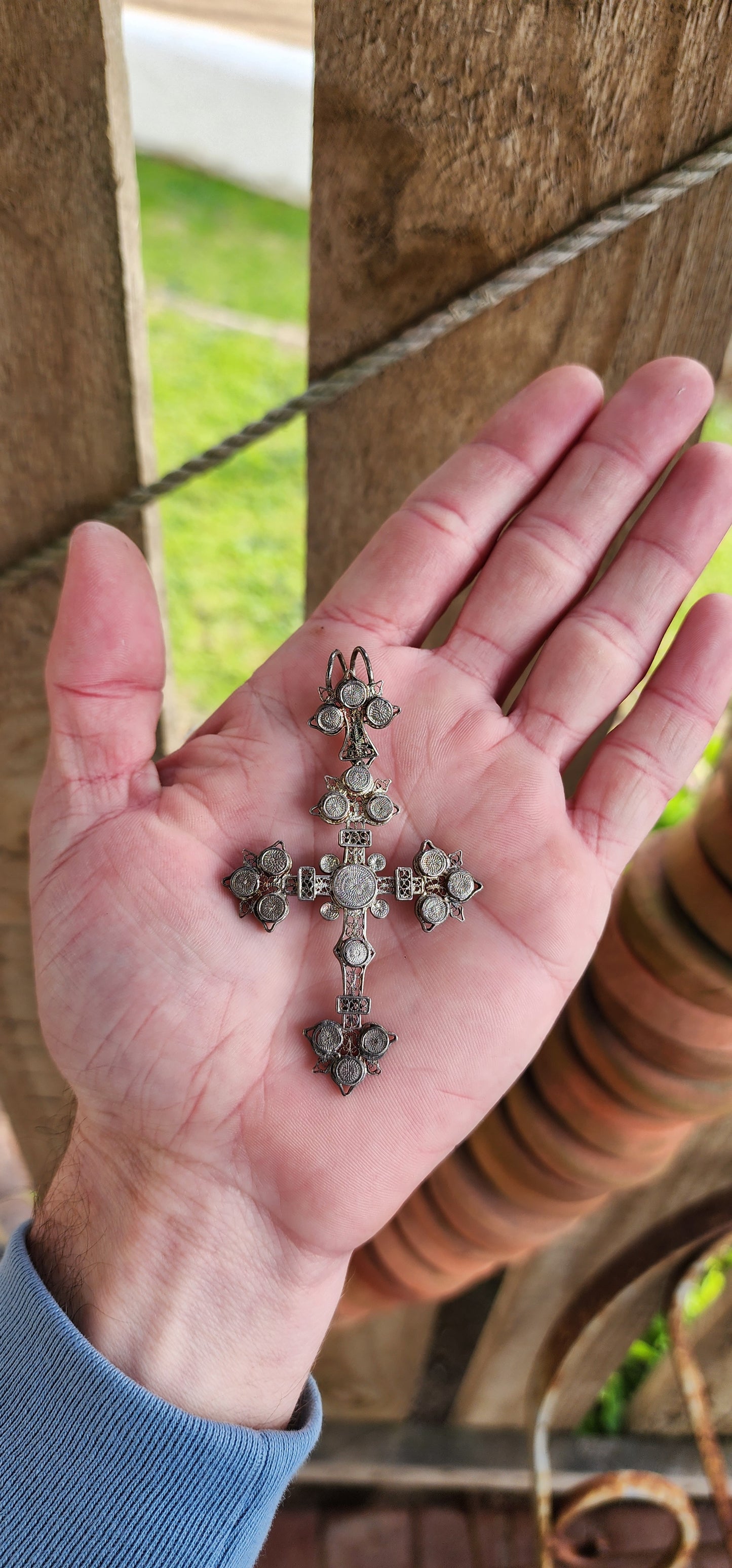 Incredibly beautiful and large sized Antique Victorian Byzanite Sterling Silver Filigree Cross pendant.