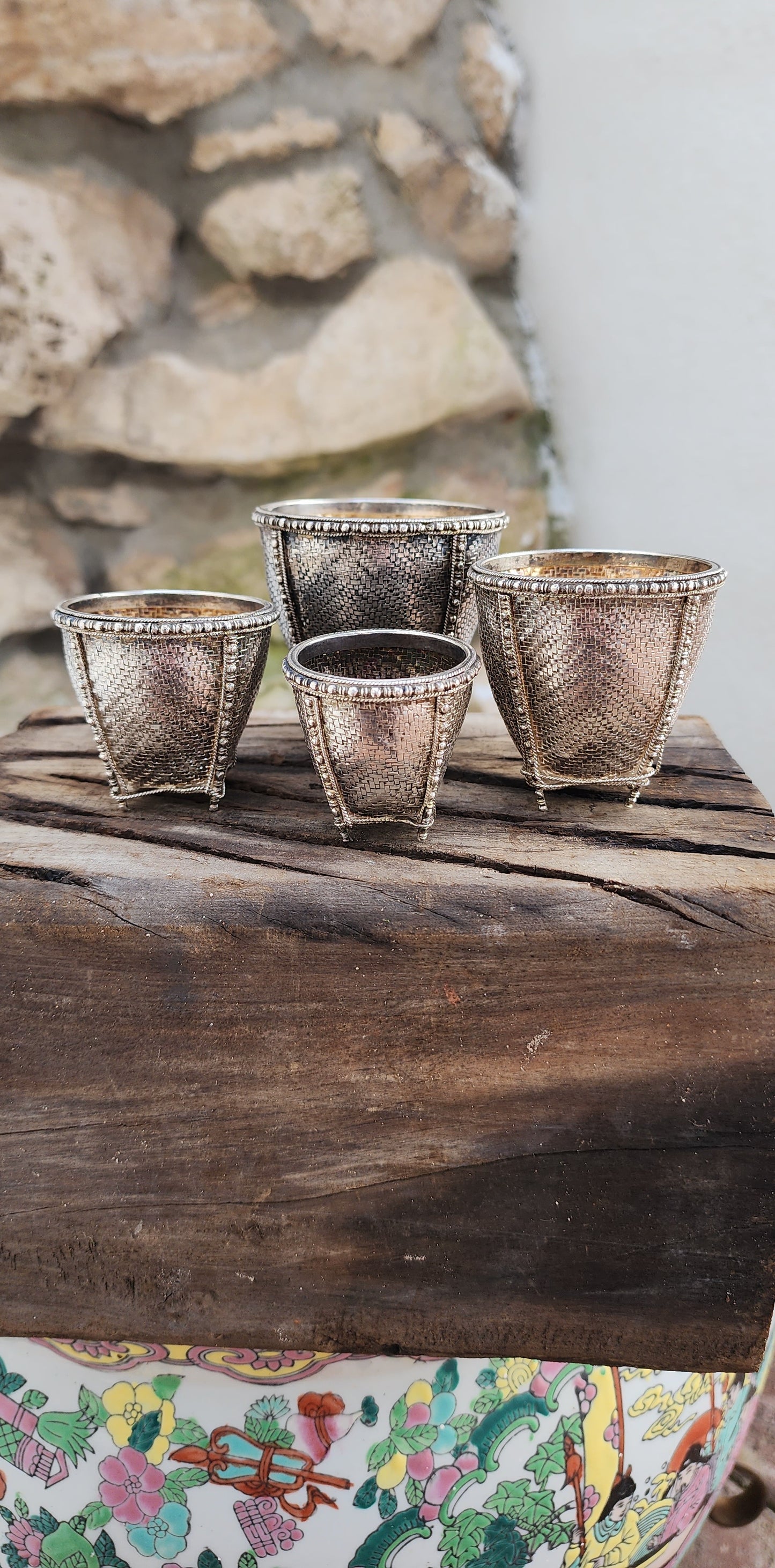 Rare pair of 4 miniature Sterling Silver Burmese woven nesting baskets - Completely made by hand! Quite weighty !