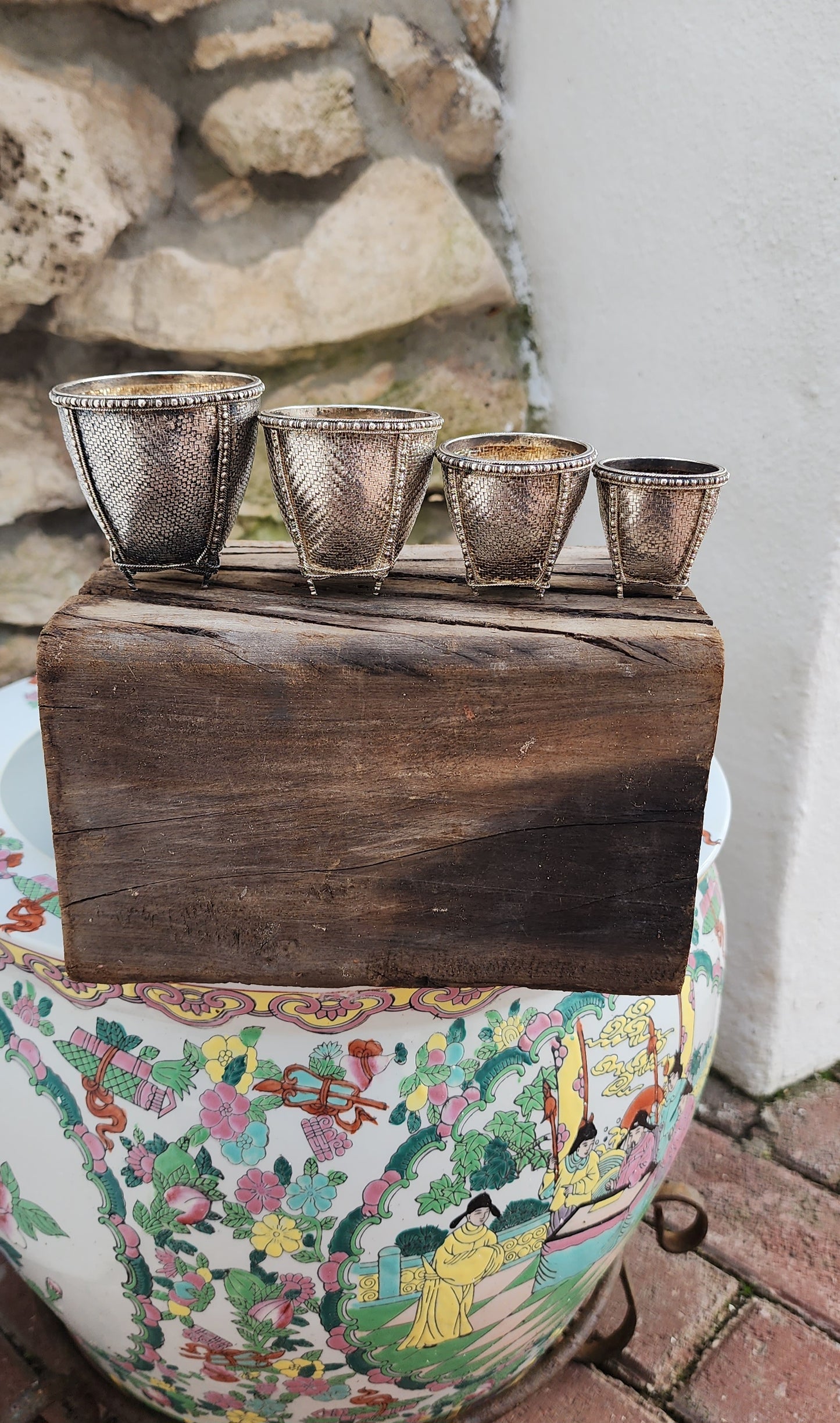 Rare pair of 4 miniature Sterling Silver Burmese woven nesting baskets - Completely made by hand! Quite weighty !