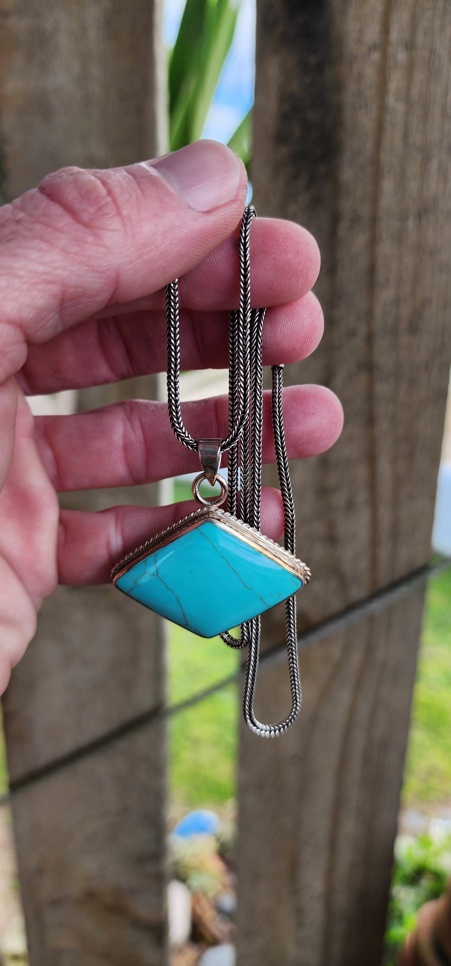 Perfectly unisex ! Beautiful Artisan made Sterling Silver and bezel/tube set Diamond/Lozenge shaped Blue Howlite Gemstone pendant , fitted on a extra length Sterling Silver Foxtail chain.