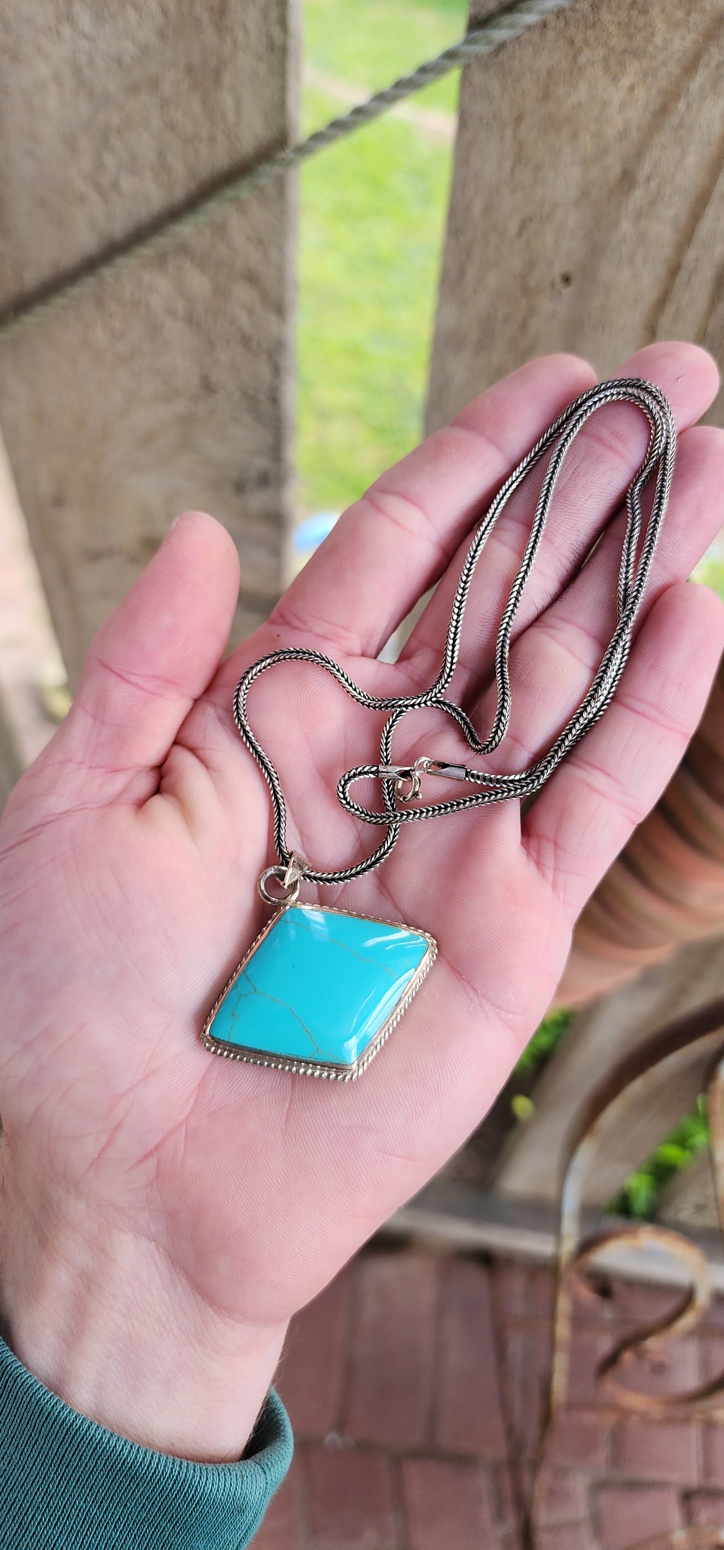 Perfectly unisex ! Beautiful Artisan made Sterling Silver and bezel/tube set Diamond/Lozenge shaped Blue Howlite Gemstone pendant , fitted on a extra length Sterling Silver Foxtail chain.