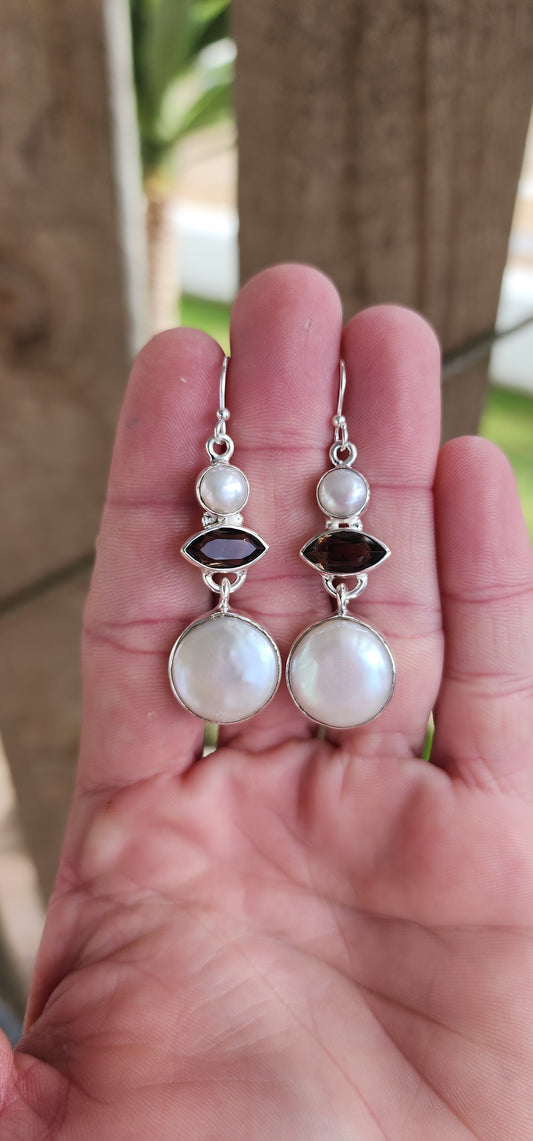 Gorgeous pair of Sterling Silver statement drop earrings - Featuring tube set Round Freshwater Button Pearl drops suspended from tube set Marquise cut Smoky Quartz Gemstones and Round Freshwater Pearls.