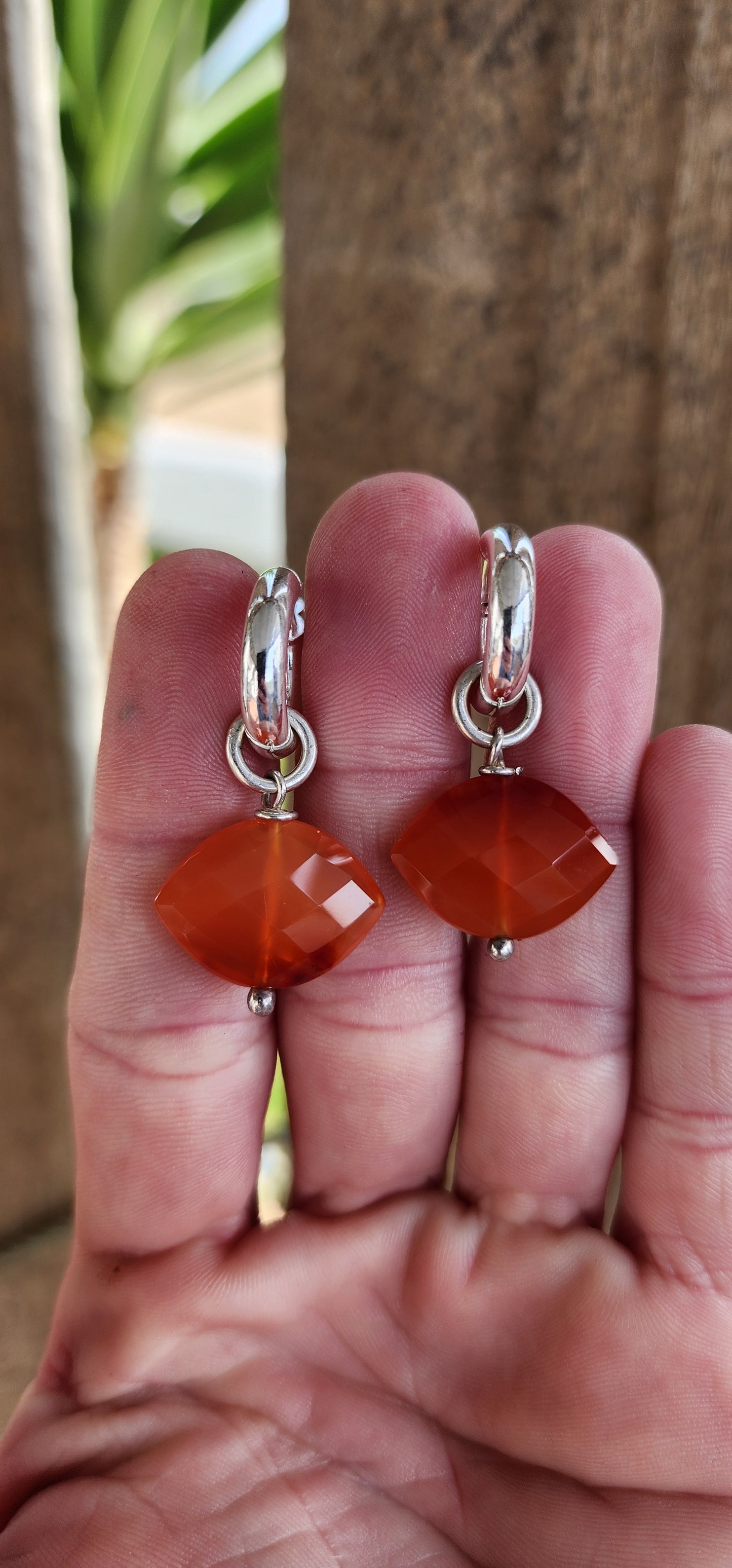 *Day to night earrings* Orange checkered Marquise cut Carnelian Gemstone drop pendants/charms fitted on Sterling Silver tube hoop earrings.You can easily remove the Carnelian drop pendants from the hoops for a more minimalistic "day" look.