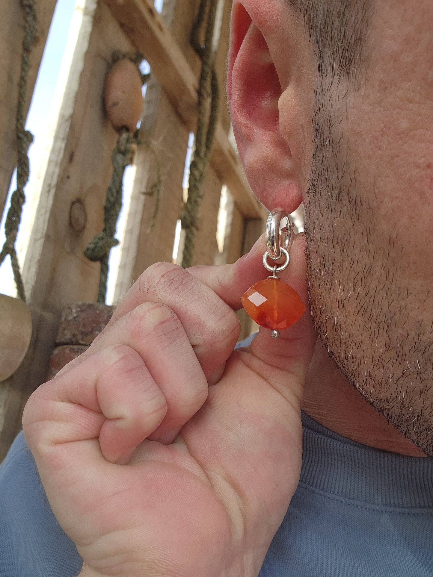 *Day to night earrings* Orange checkered Marquise cut Carnelian Gemstone drop pendants/charms fitted on Sterling Silver tube hoop earrings.You can easily remove the Carnelian drop pendants from the hoops for a more minimalistic "day" look.