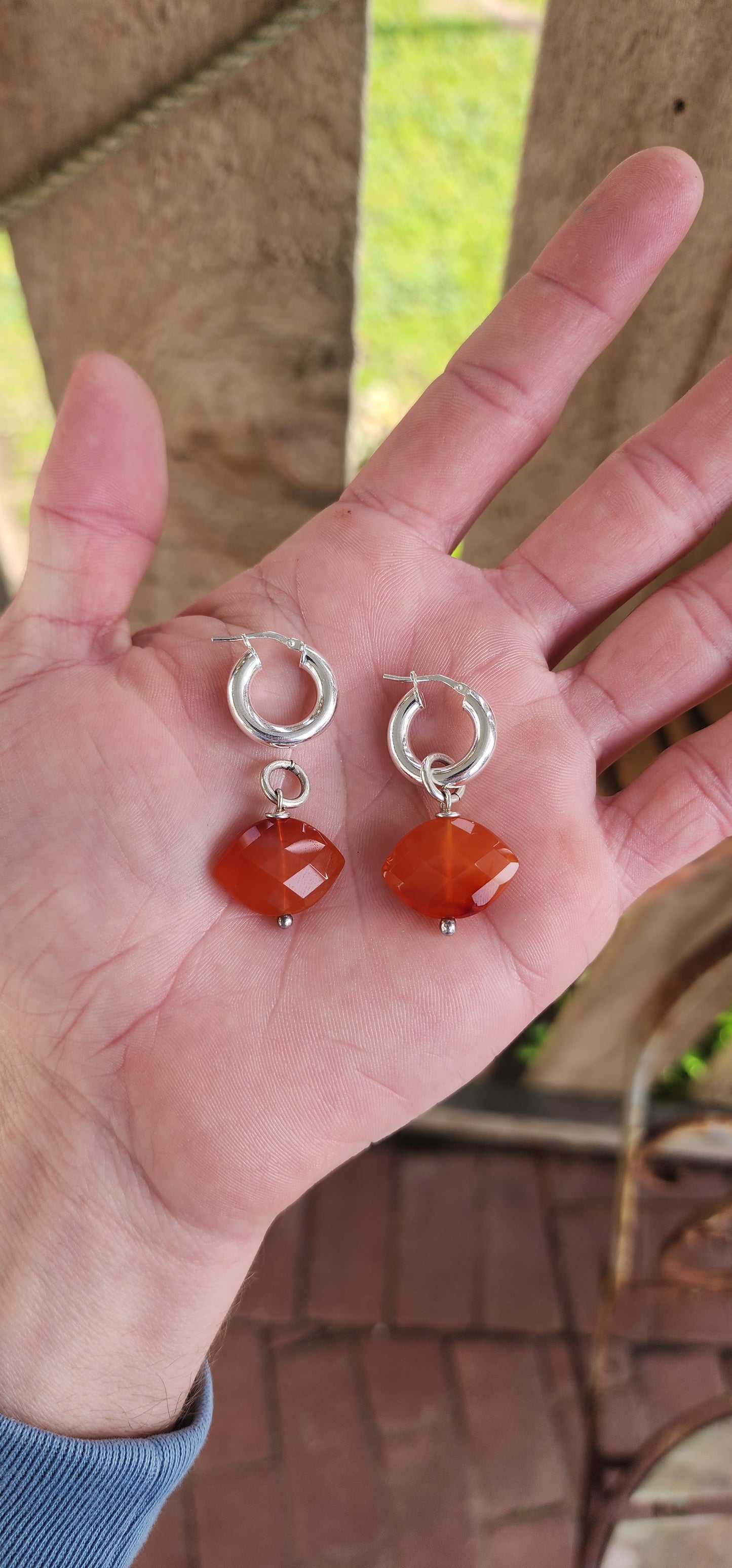 *Day to night earrings* Orange checkered Marquise cut Carnelian Gemstone drop pendants/charms fitted on Sterling Silver tube hoop earrings.You can easily remove the Carnelian drop pendants from the hoops for a more minimalistic "day" look.