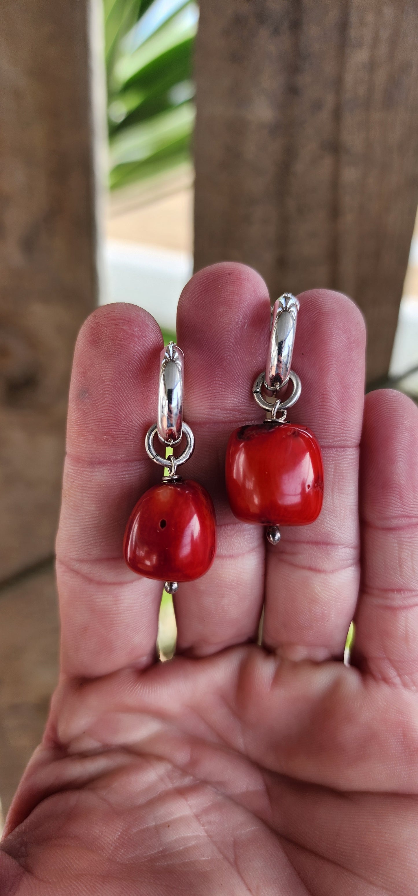 *Day to night earrings* Red Bamboo Coral drop pendants/charms fitted on Sterling Silver tube hoop earrings.You can easily remove the Coral drop pendants from the hoops for a more minimalistic "day" look.