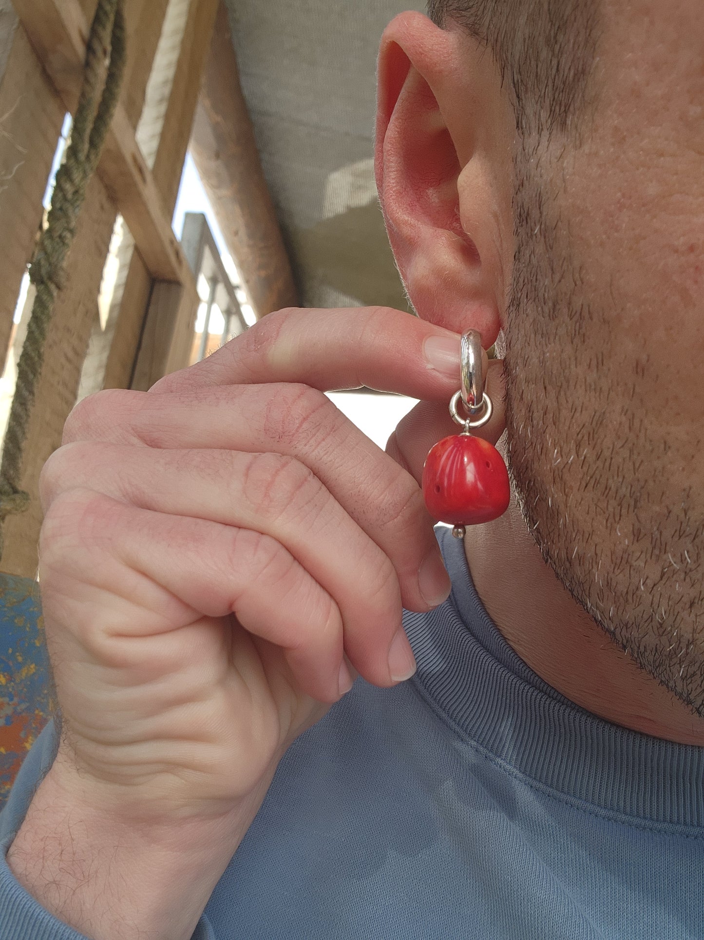 *Day to night earrings* Red Bamboo Coral drop pendants/charms fitted on Sterling Silver tube hoop earrings.You can easily remove the Coral drop pendants from the hoops for a more minimalistic "day" look.