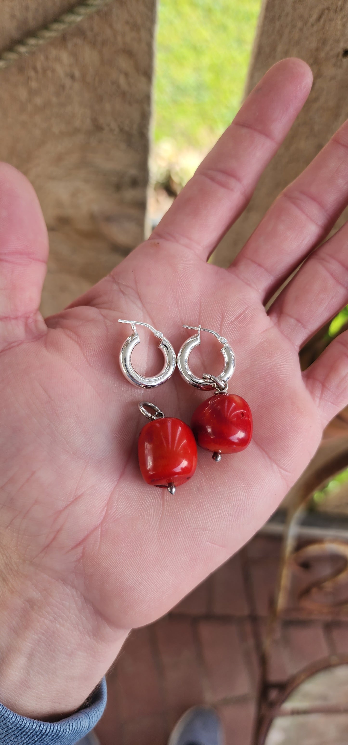 *Day to night earrings* Red Bamboo Coral drop pendants/charms fitted on Sterling Silver tube hoop earrings.You can easily remove the Coral drop pendants from the hoops for a more minimalistic "day" look.