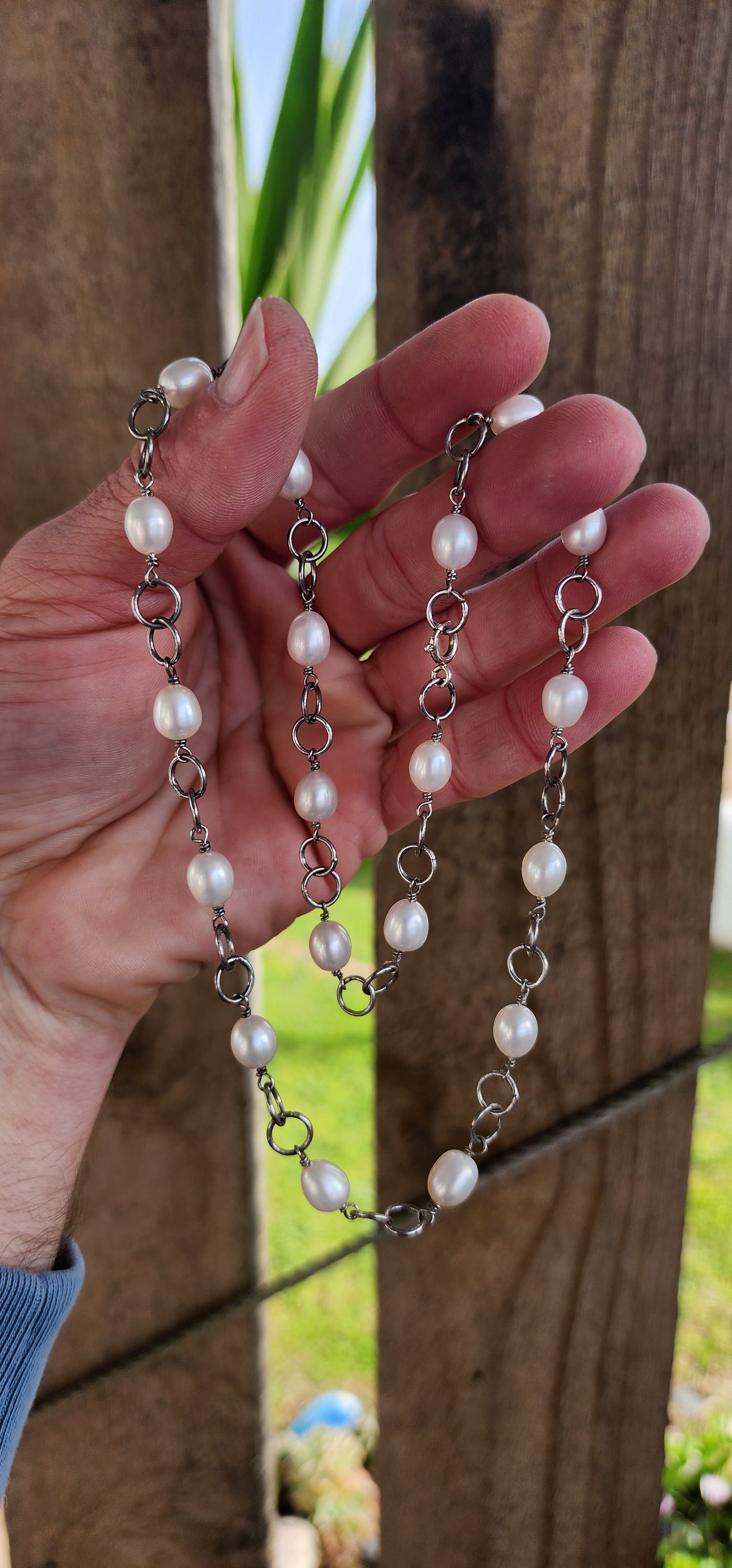 Beautiful Artisan/studio made Sterling Silver and Oval shaped Freshwater Pearls Quatrefoil style chain necklace , each Pearl bead hand wrapped with Sterling Silver wire.