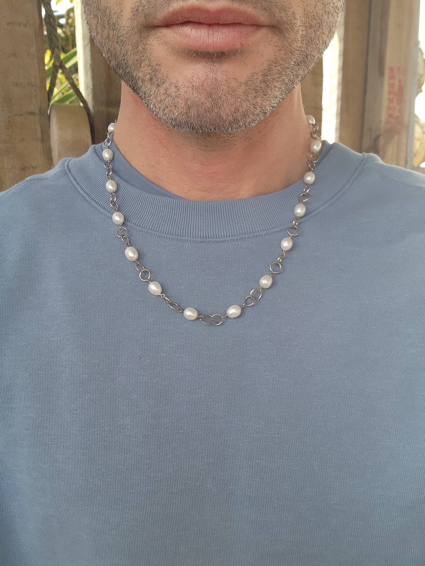 Beautiful Artisan/studio made Sterling Silver and Oval shaped Freshwater Pearls Quatrefoil style chain necklace , each Pearl bead hand wrapped with Sterling Silver wire.