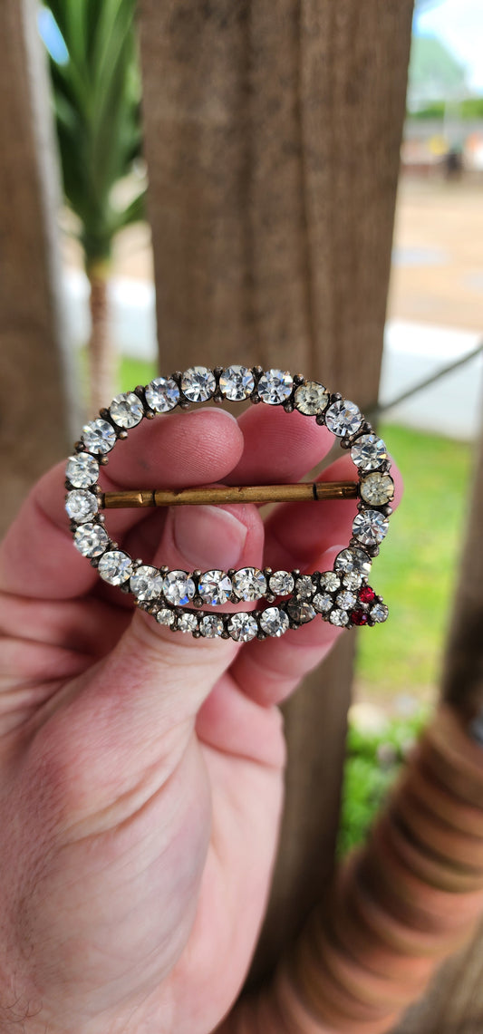 Exceptional Antique Victorian era gilt Brass Ouroboros coiled Serpent belt buckle with sparkly clear paste body and Red paste eyes.