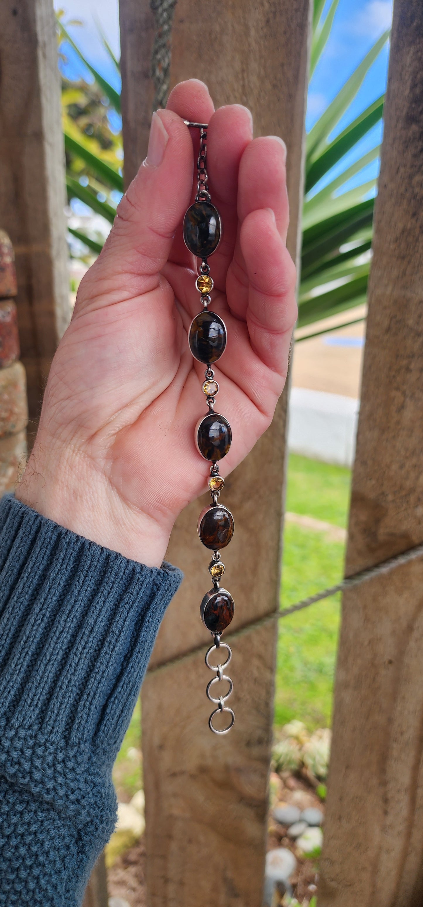 Gorgeous Bohemian Sterling Silver , Oval Pietersite Cabochons and Round Faceted cut Citrine Gemstones bracelet .