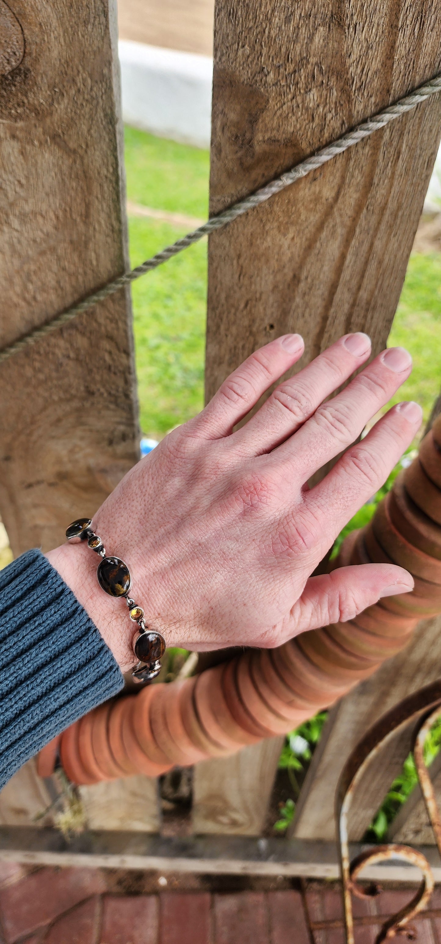 Gorgeous Bohemian Sterling Silver , Oval Pietersite Cabochons and Round Faceted cut Citrine Gemstones bracelet .