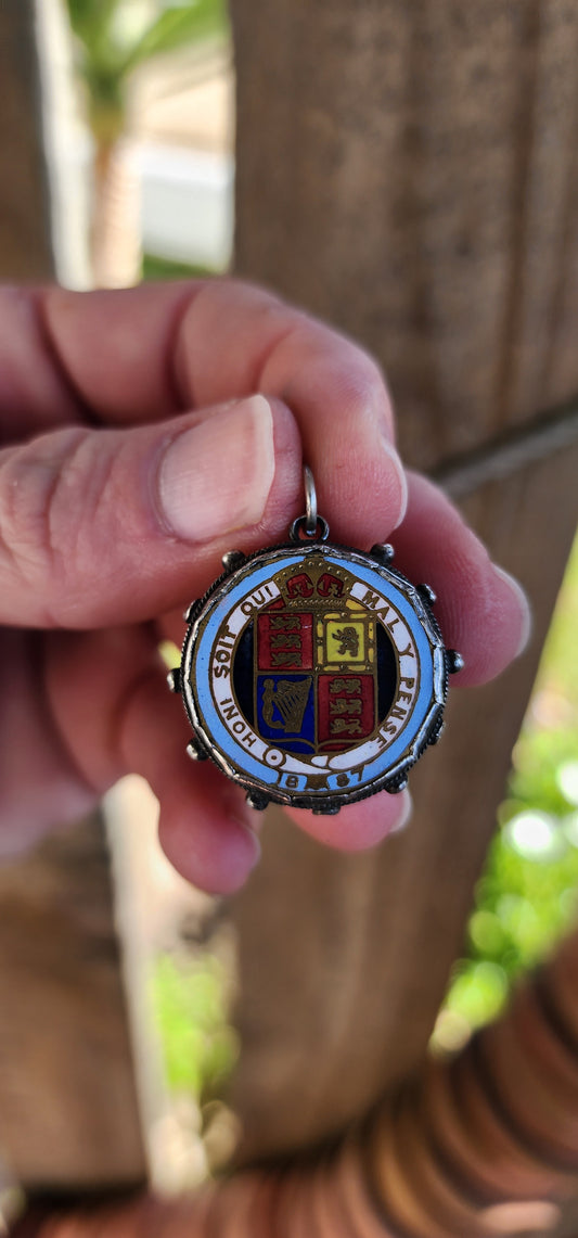 A truely exquisite Antique Victorian circa 1887 Sterling Silver enamelled Queen Victoria Jubilee Sixpence coin  miniature compass Fob pendant.