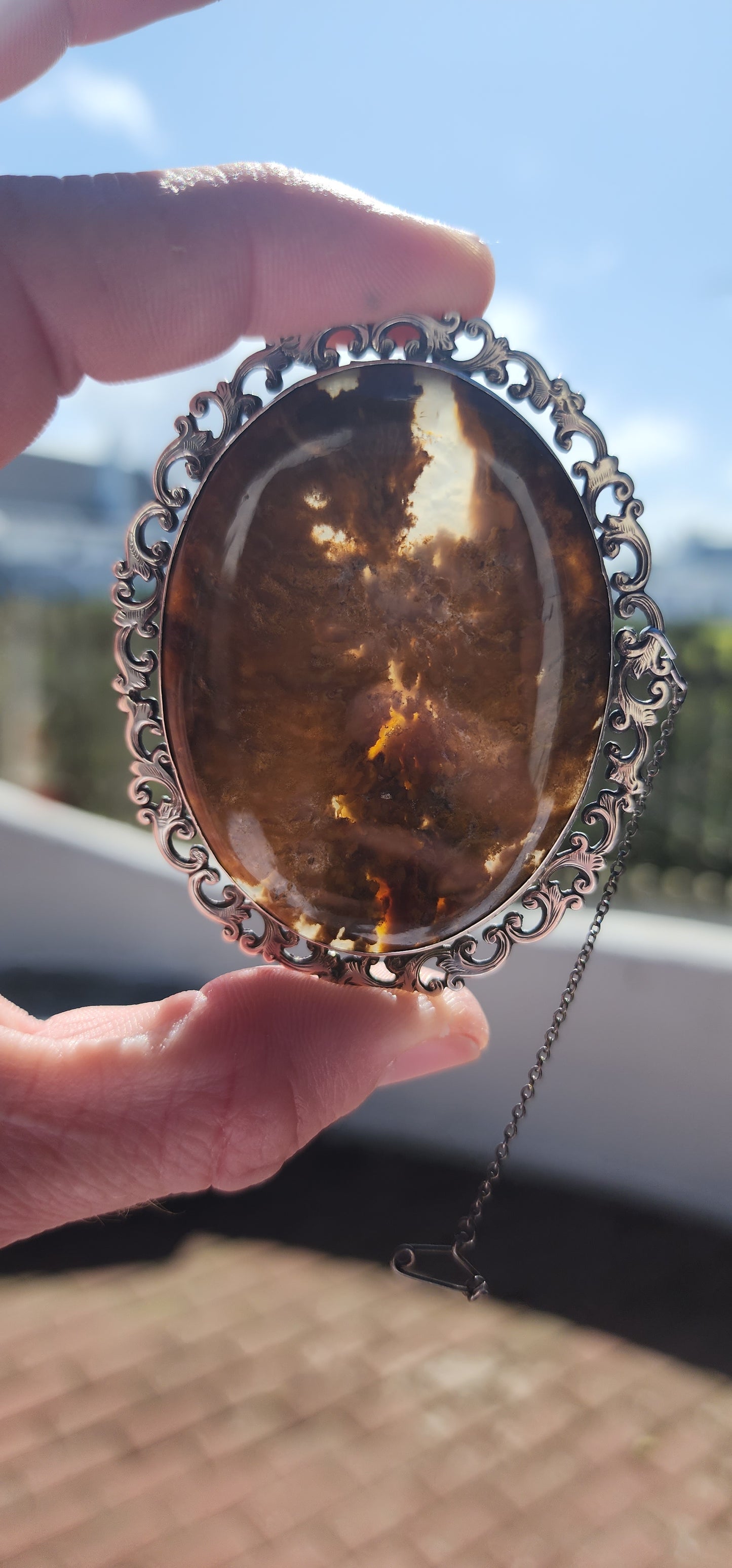 Up for grabs is this marvelous and super large sized Antique Victorian Scottish circa 1860's Sterling Silver and Picture "Moss" Agate Oval brooch.