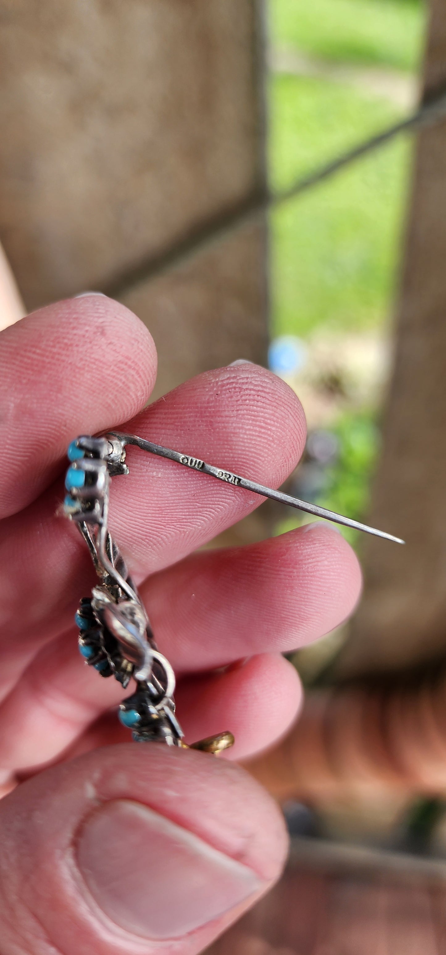 Vintage 800 Silver and Turquoise Cabochons pot plant brooch with flowers and leaves , the flowers each studded with small Turquoise Cabochons in prong settings.