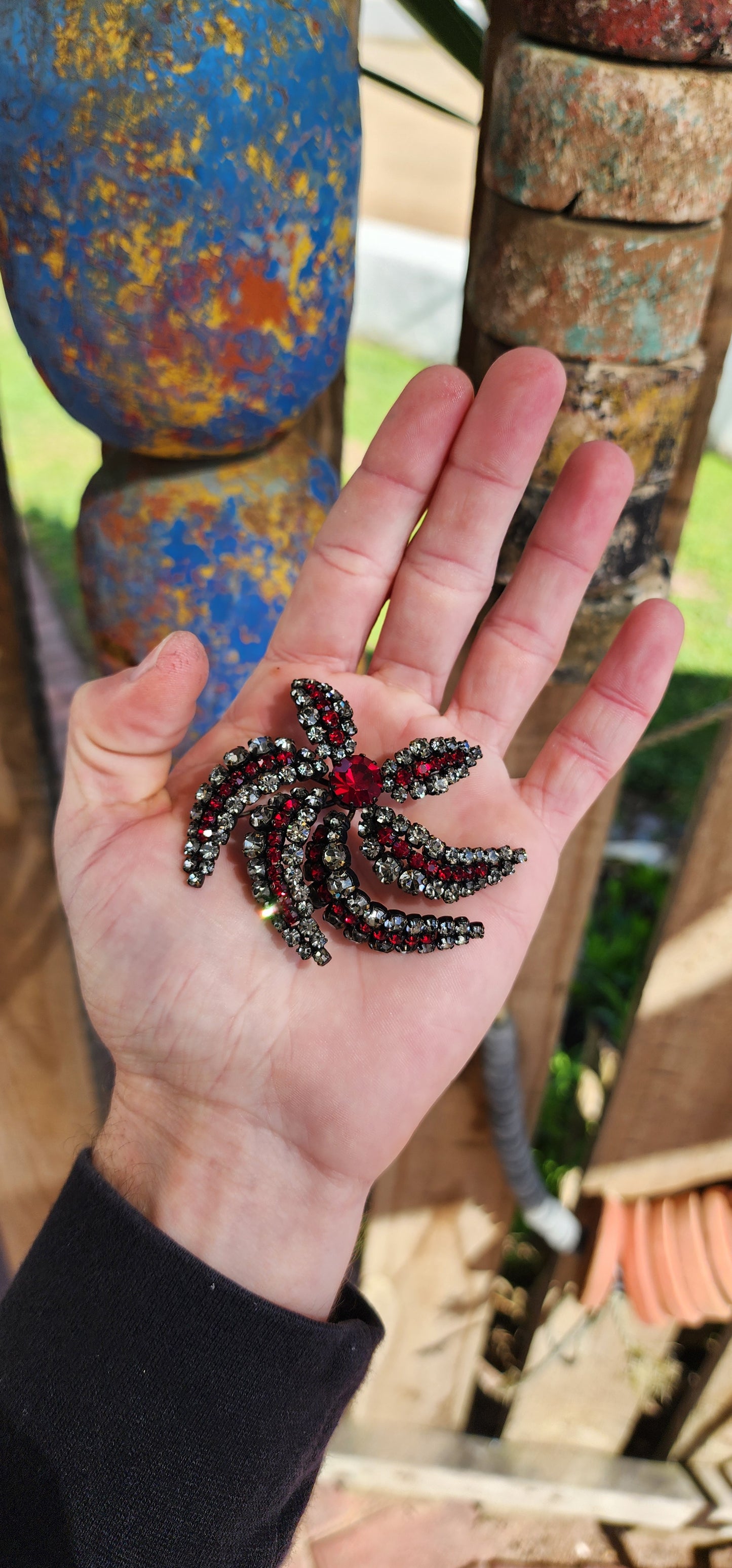 Generous in size Vintage circa 1960's Austrian Japanned finish costume Statement brooch in the shape of a exotic flower.