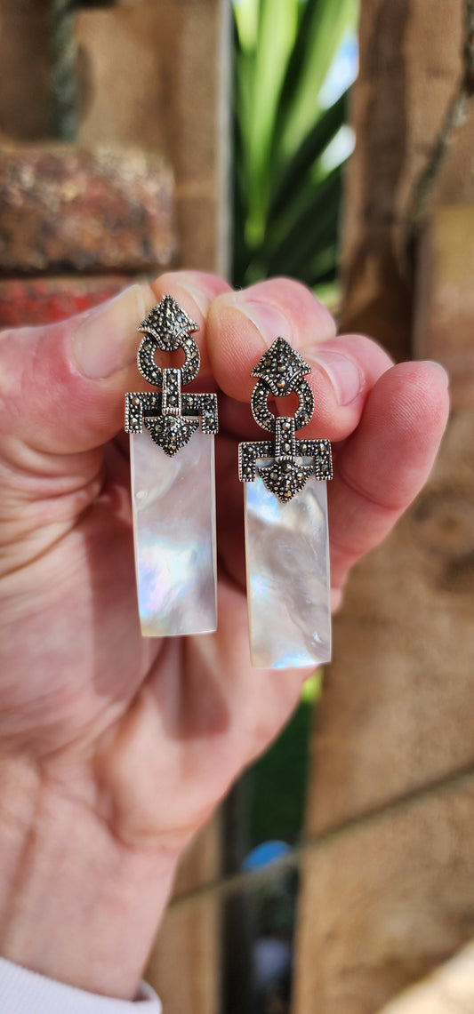 Elegant pair of Art Deco Inspired Sterling Silver,Mother of Pearl and Marcasites push-in drop earrings.