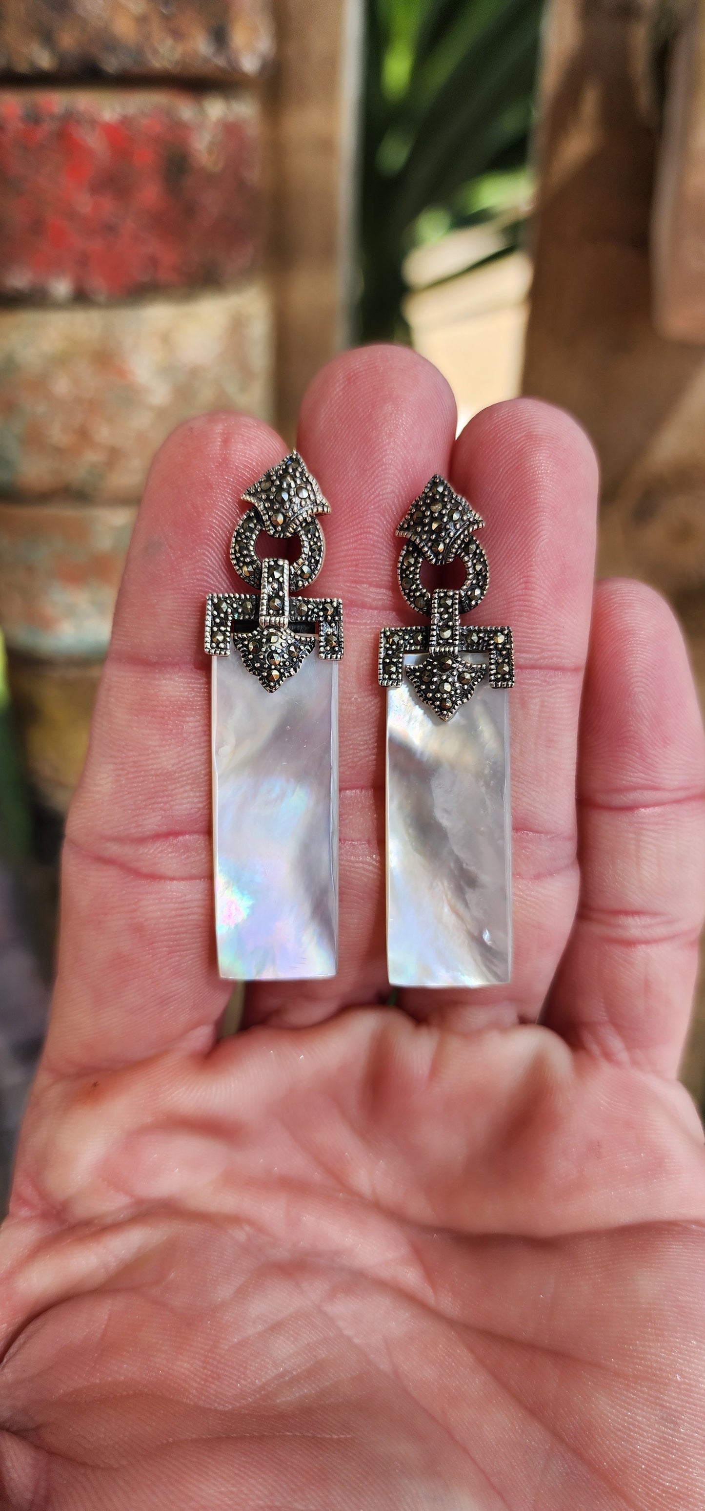 Elegant pair of Art Deco Inspired Sterling Silver,Mother of Pearl and Marcasites push-in drop earrings.