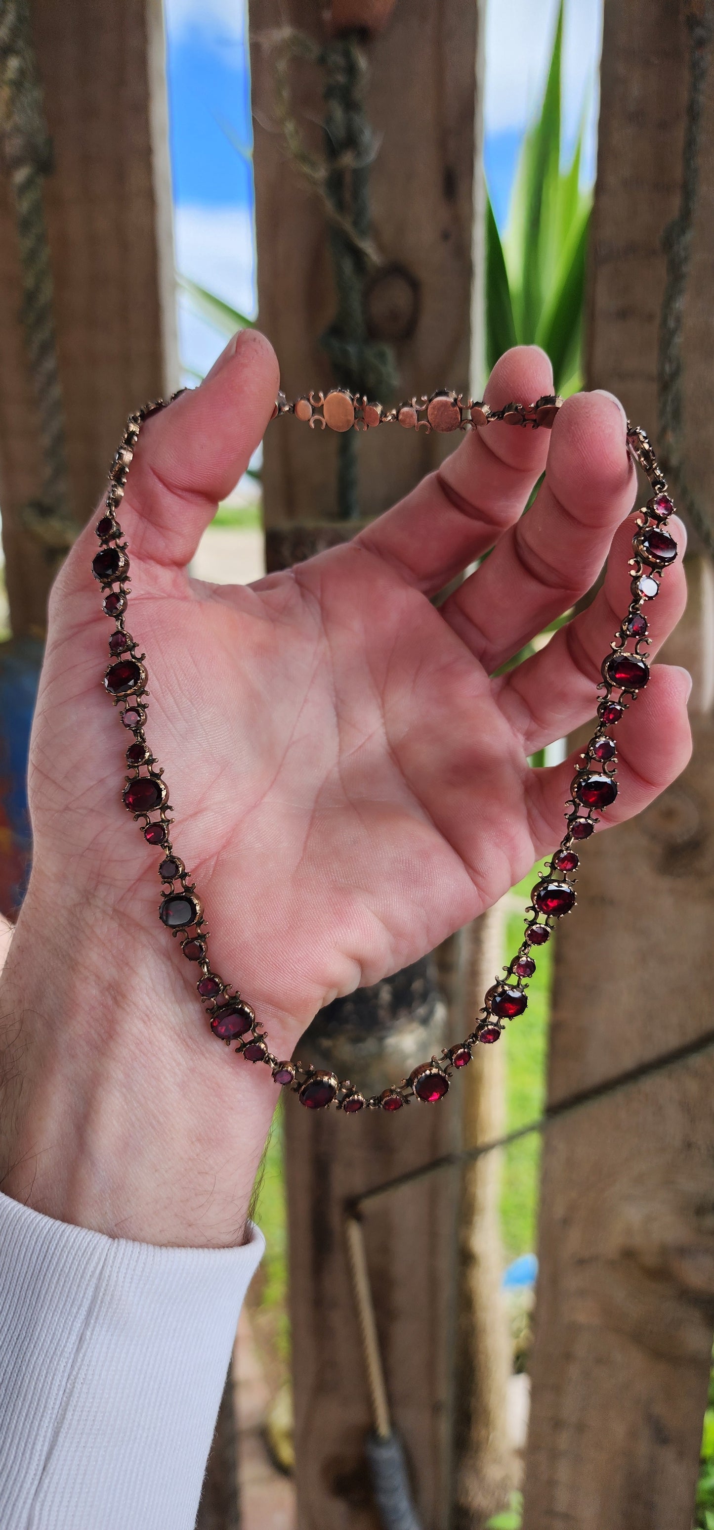 MOST incredible Antique Georgian era circa 1800 foiled back Almandine Garnet Riviere/Collar necklace with detachable pendant/brooch drop.Set in 10ct Yellow/Rosy Gold.