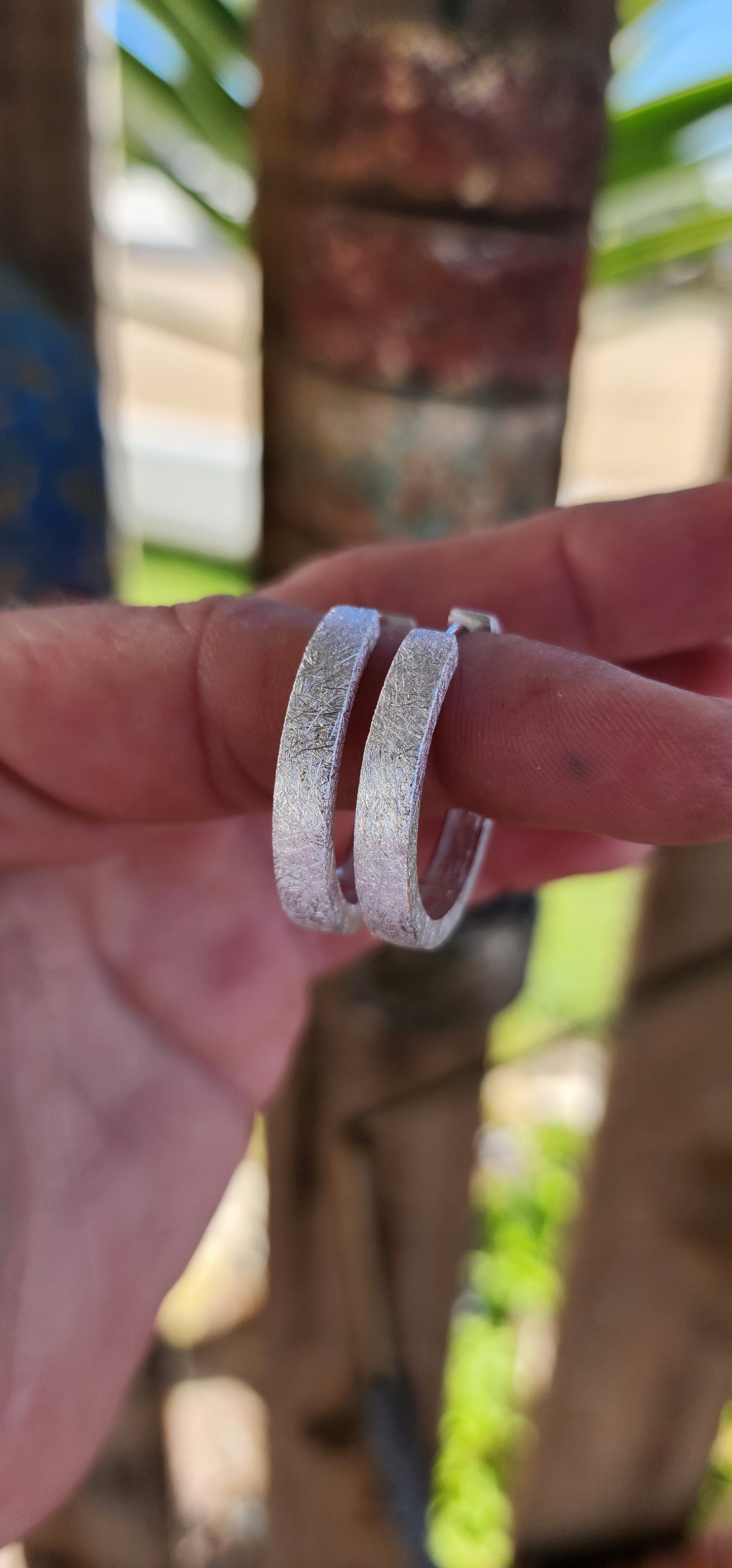 A must have for every jewellery box! Trusty pair of chunky Sterling Silver Hoop earrings. Featuring a lovely textured/scratched look which catches the light beautifully.