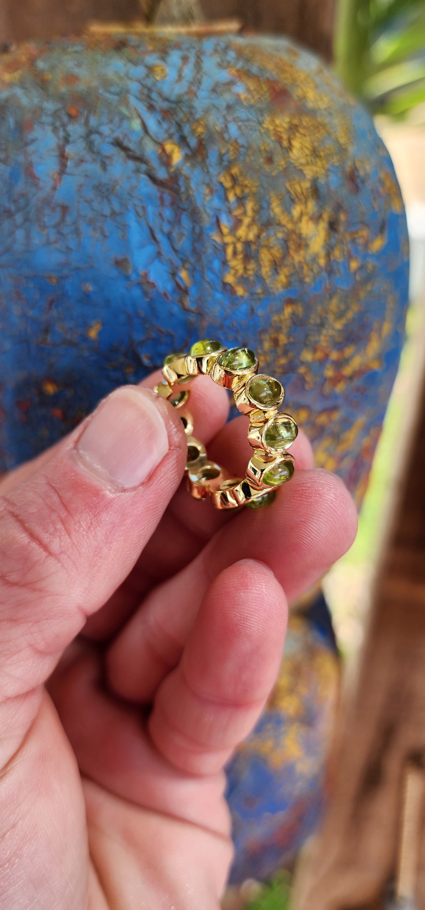 Absolutely gorgeous handmade Sterling Silver and 22ct Yellow Gold plated Peridot Cabochons Full Eternity ring.Bezel/tube set with 12x Oval Peridot Cabochons forming a perfect Circle of Candy to adorn your hand .Perfectly unisex and a fabulous stacker!