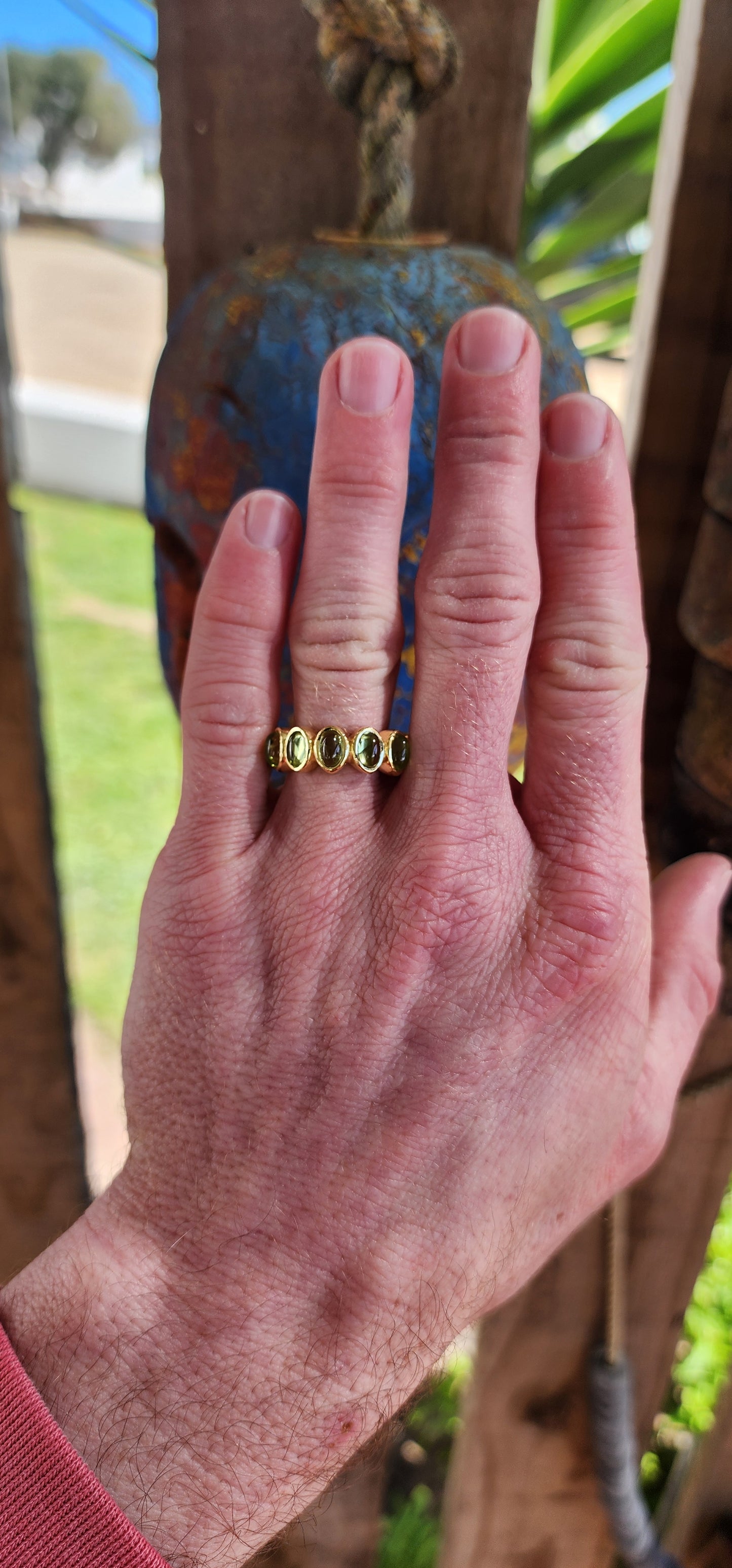 Absolutely gorgeous handmade Sterling Silver and 22ct Yellow Gold plated Peridot Cabochons Full Eternity ring.Bezel/tube set with 12x Oval Peridot Cabochons forming a perfect Circle of Candy to adorn your hand .Perfectly unisex and a fabulous stacker!