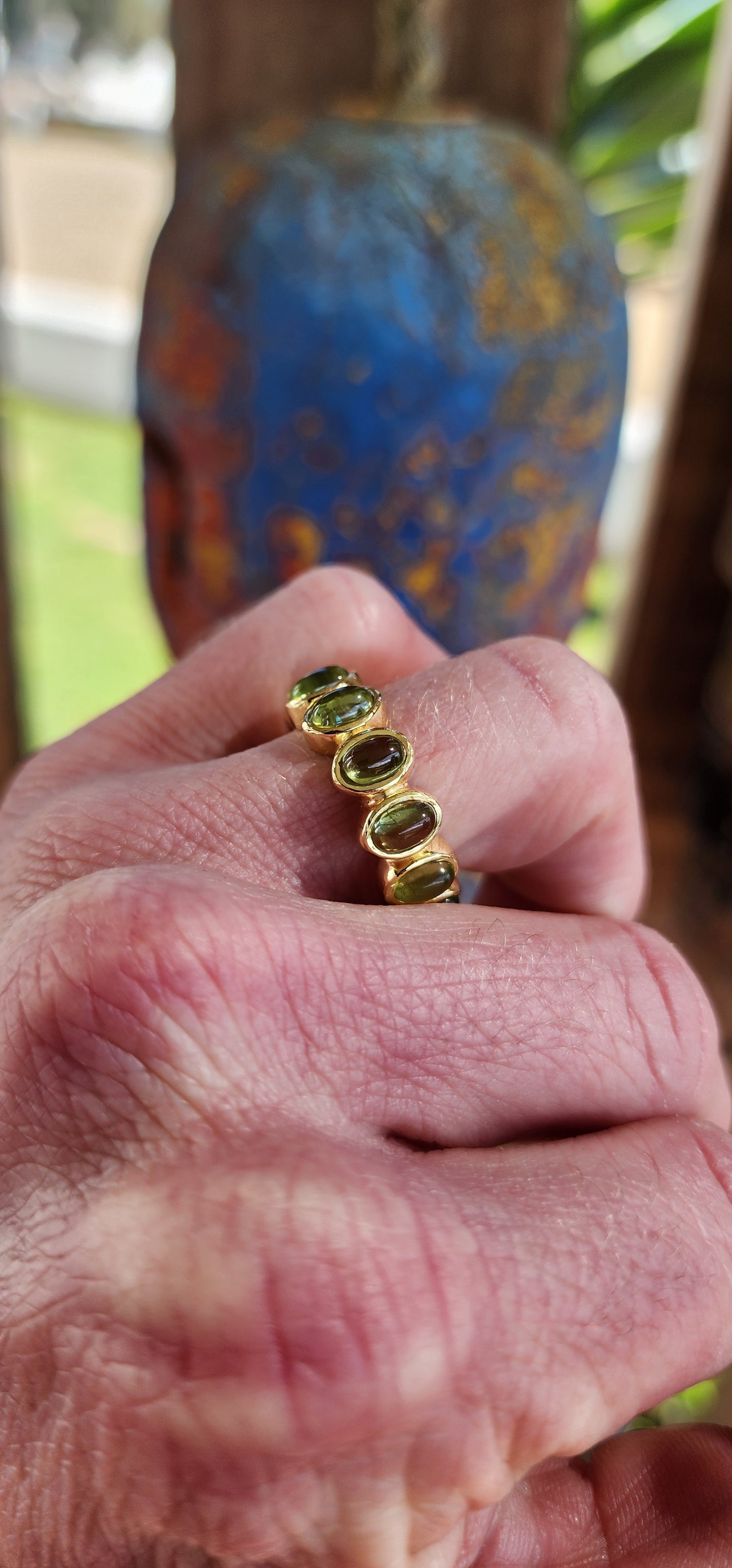 Absolutely gorgeous handmade Sterling Silver and 22ct Yellow Gold plated Peridot Cabochons Full Eternity ring.Bezel/tube set with 12x Oval Peridot Cabochons forming a perfect Circle of Candy to adorn your hand .Perfectly unisex and a fabulous stacker!