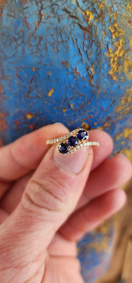 Extremely Beautiful 9ct Yellow Gold,Blue Sapphires and Diamonds Bypass ring.