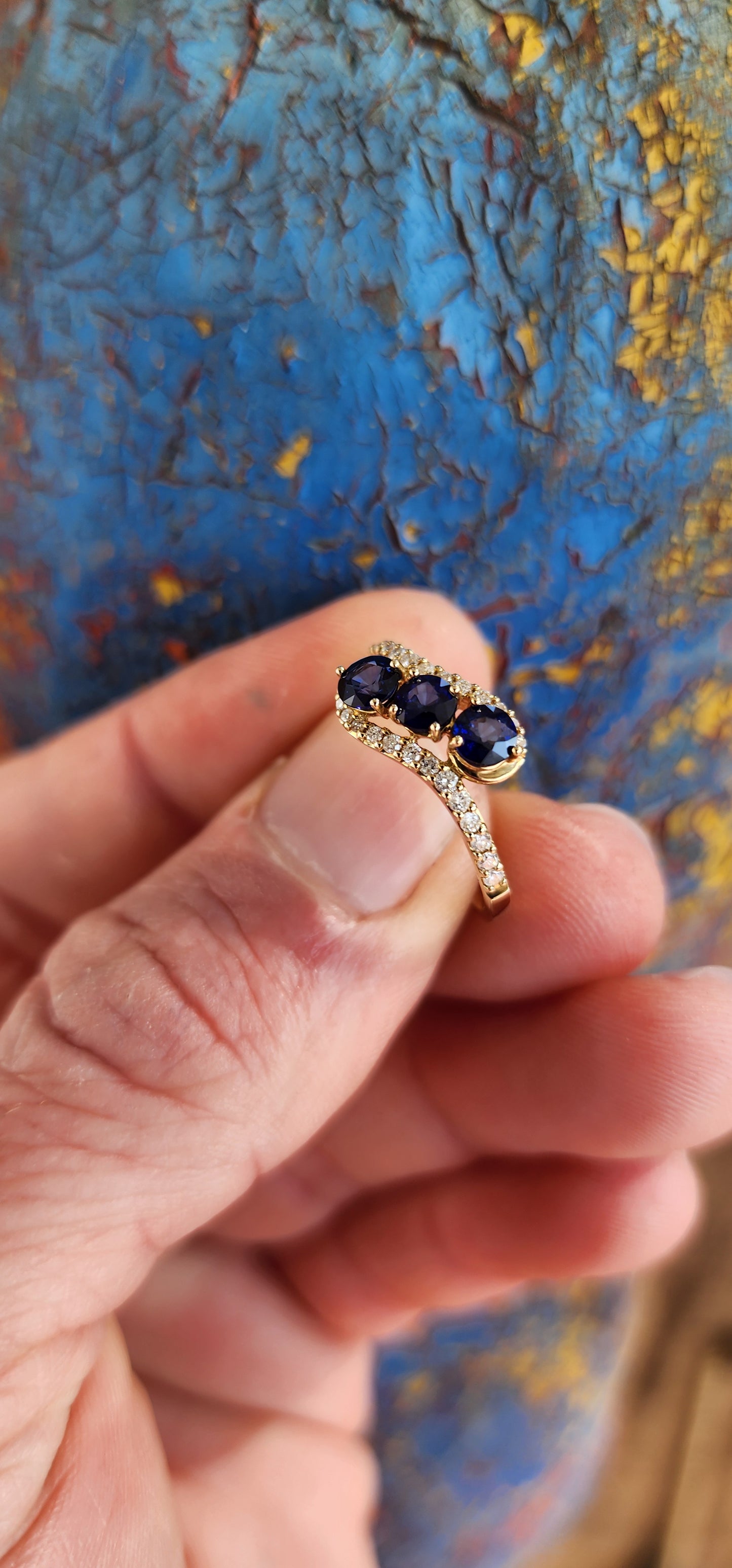 Extremely Beautiful 9ct Yellow Gold,Blue Sapphires and Diamonds Bypass ring.