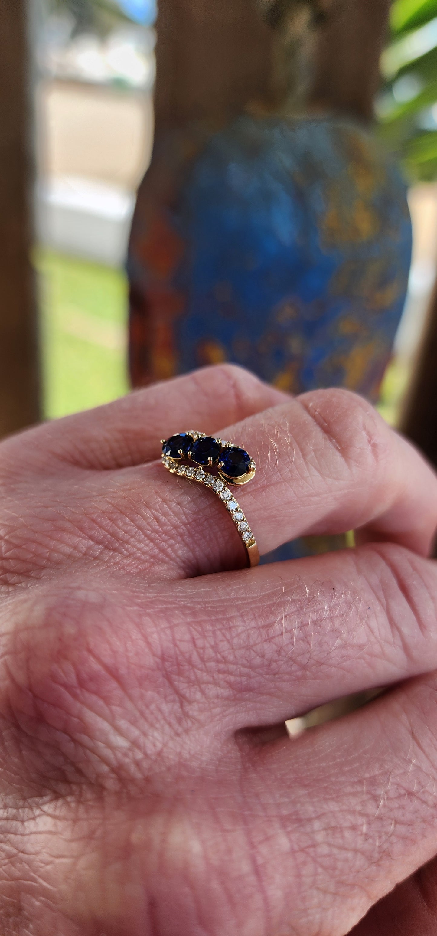 Extremely Beautiful 9ct Yellow Gold,Blue Sapphires and Diamonds Bypass ring.