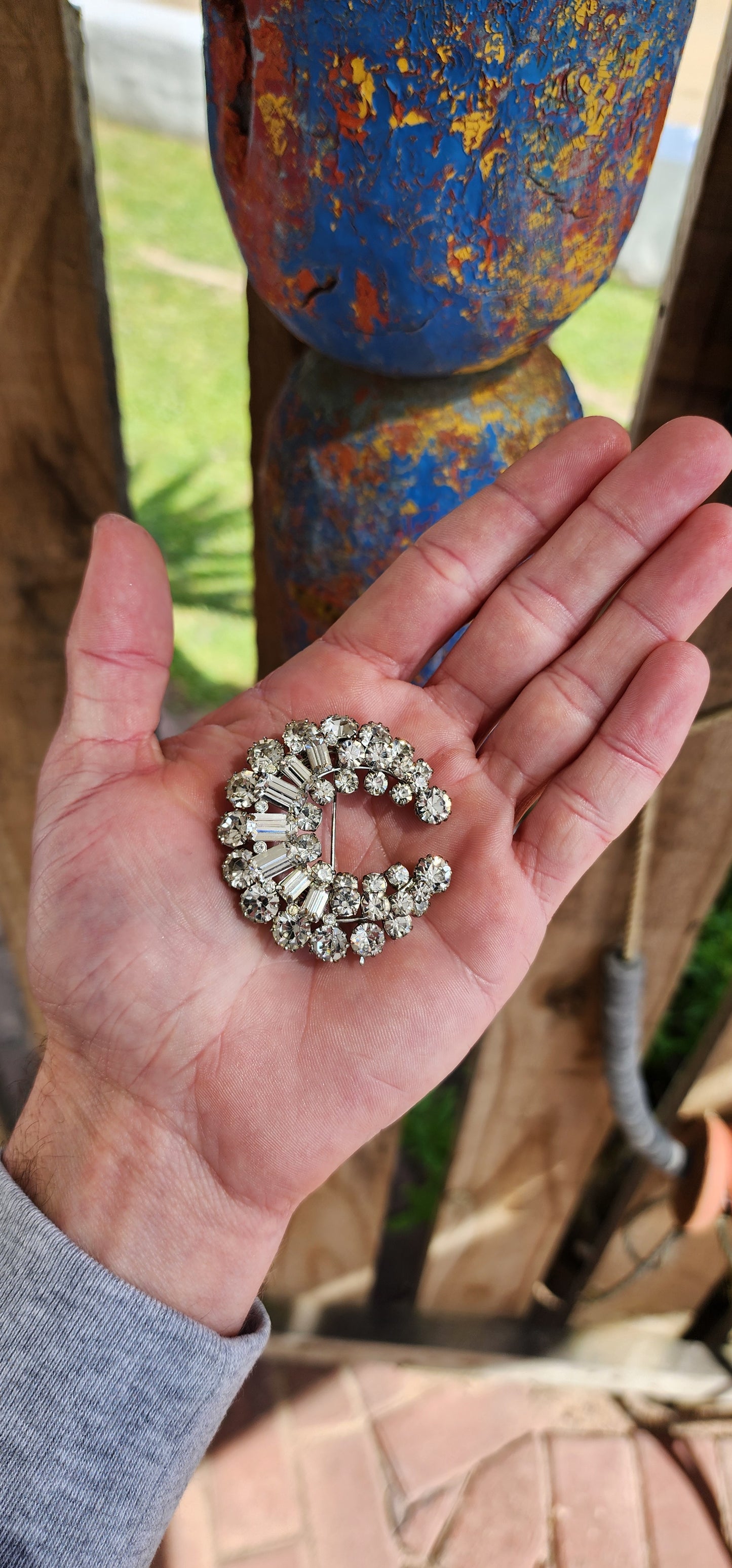 Fabulous and large size Vintage 1960's costume Rhinestones brooch in a Crescent Moon shape.