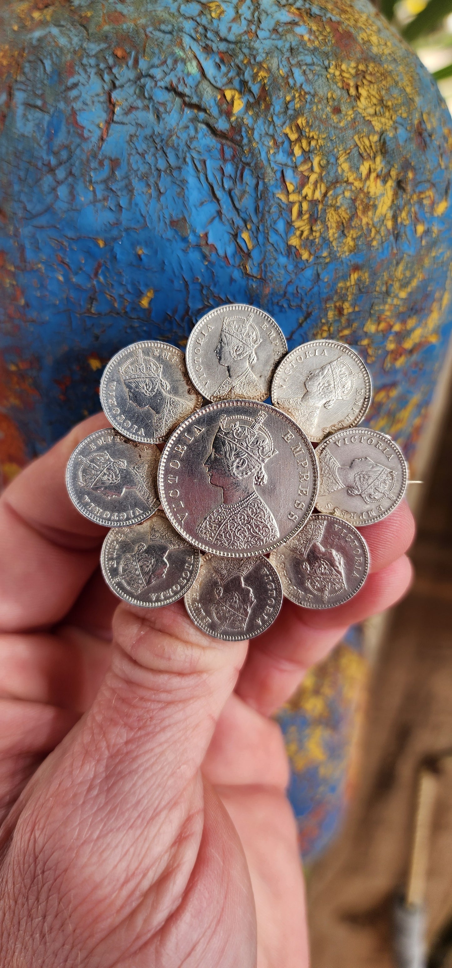 Generous in size Antique late Victorian era Silver Sweetheart brooch made from Indian/British Rupee coins.