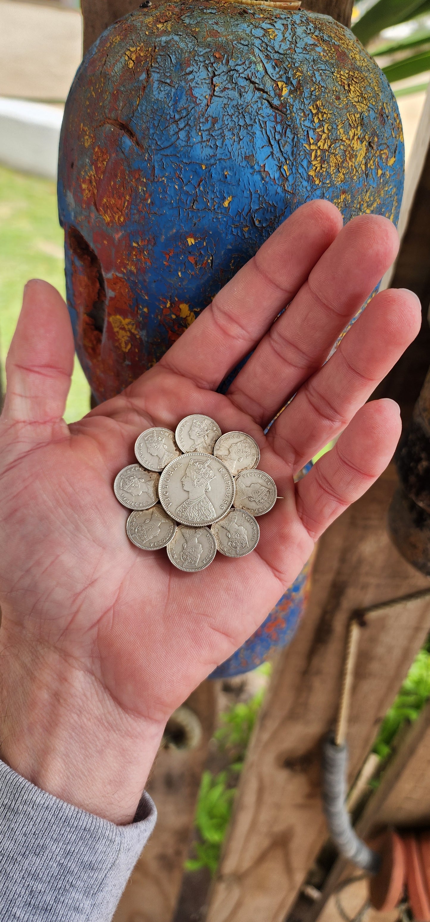 Generous in size Antique late Victorian era Silver Sweetheart brooch made from Indian/British Rupee coins.