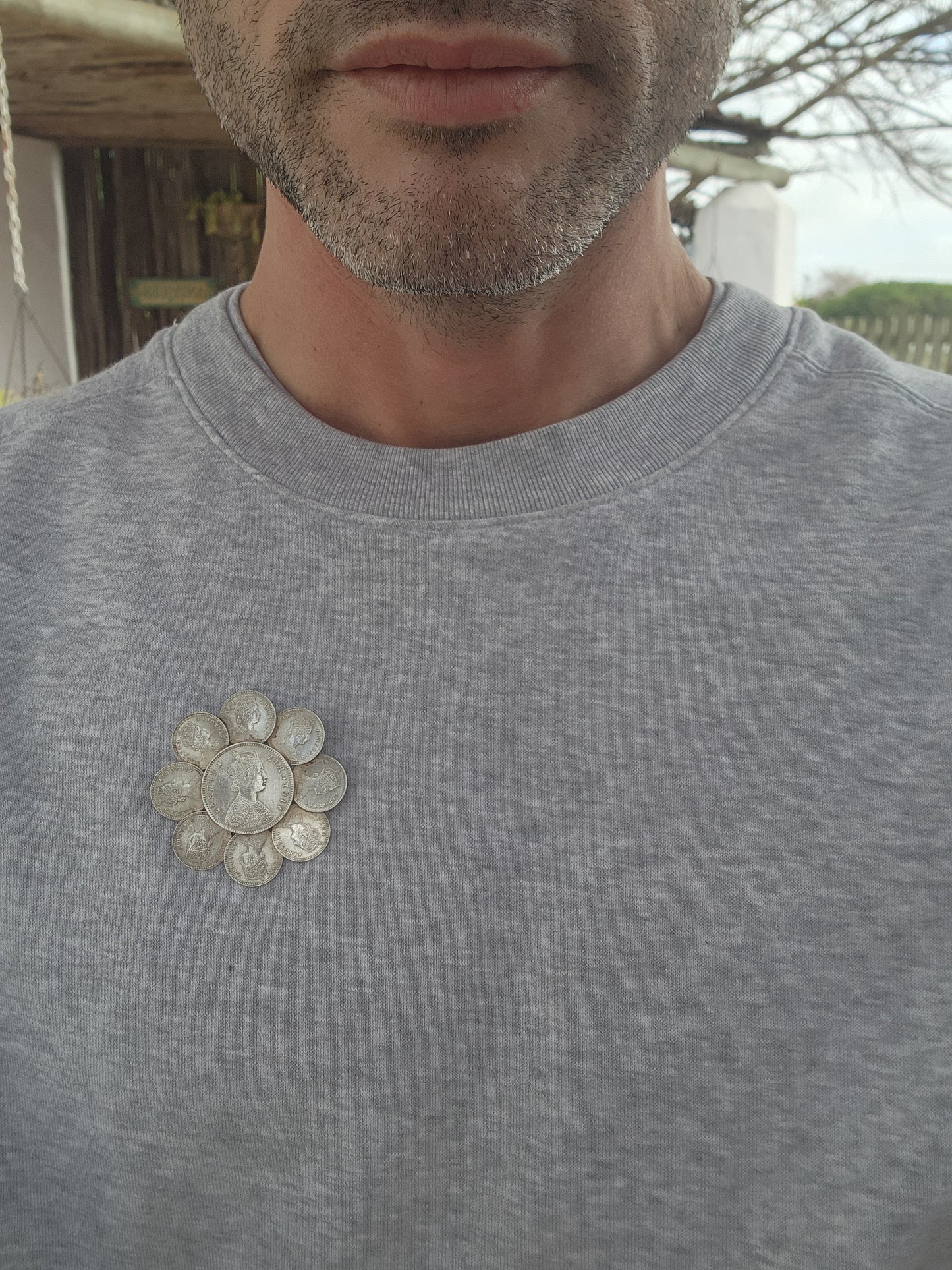 Generous in size Antique late Victorian era Silver Sweetheart brooch made from Indian/British Rupee coins.