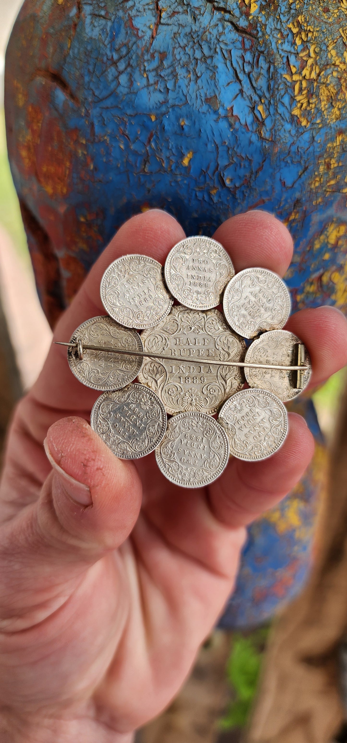 Generous in size Antique late Victorian era Silver Sweetheart brooch made from Indian/British Rupee coins.