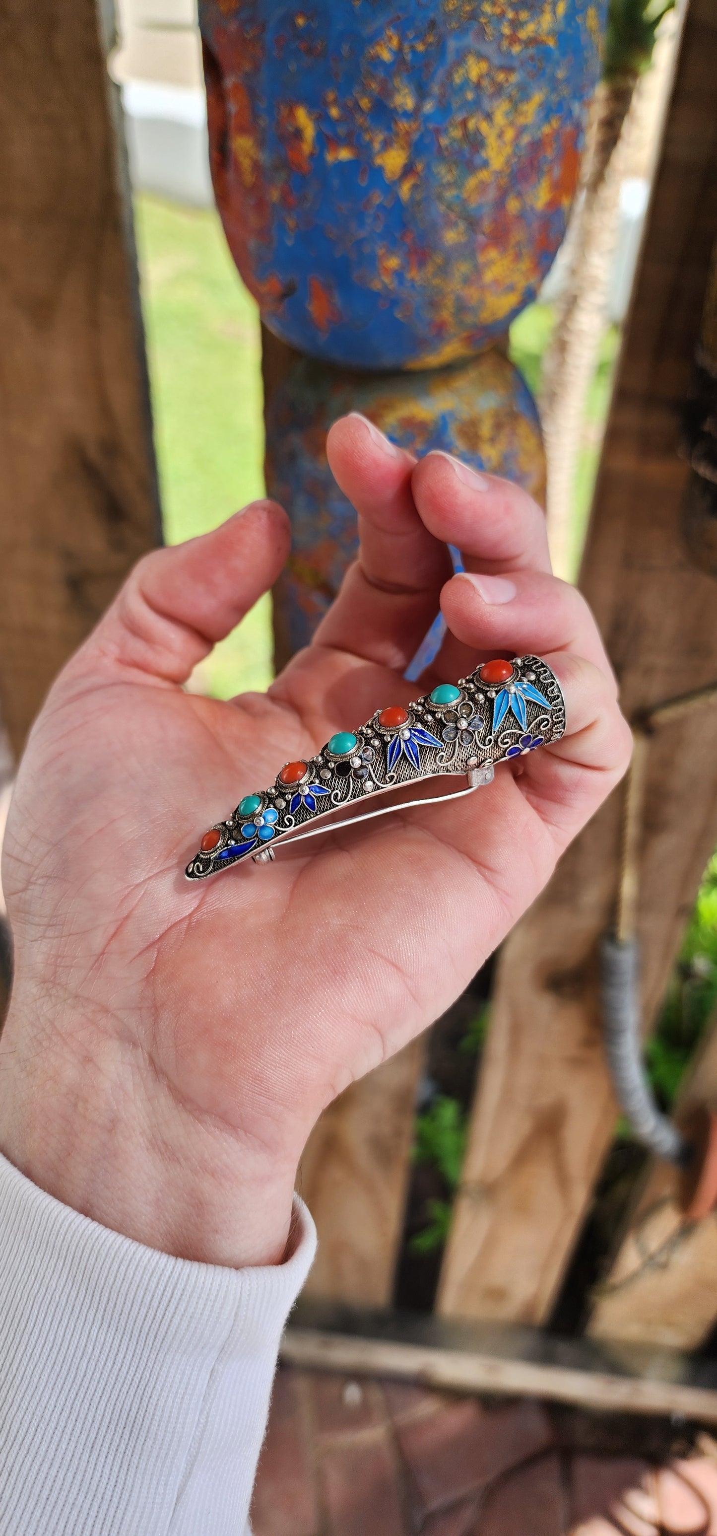 Unusual Antique Chinese export Sterling Silver and Enamel Filigree finger guard brooch with Turquoise & Coral cabochons.