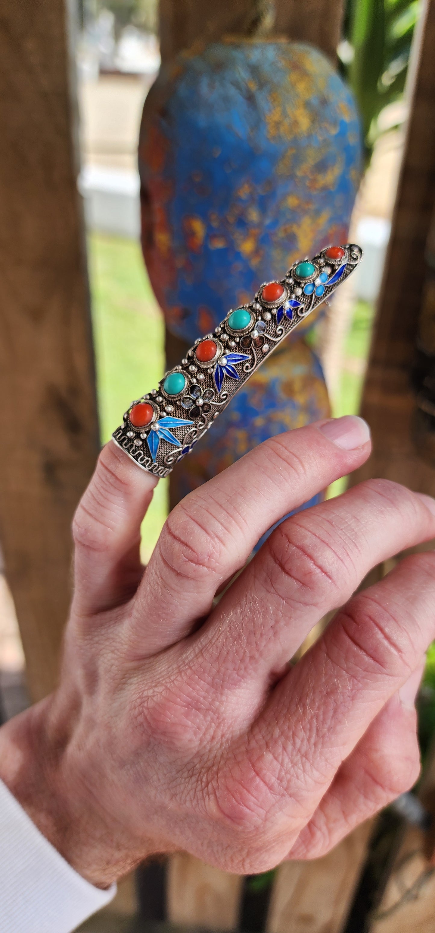 Unusual Antique Chinese export Sterling Silver and Enamel Filigree finger guard brooch with Turquoise & Coral cabochons.