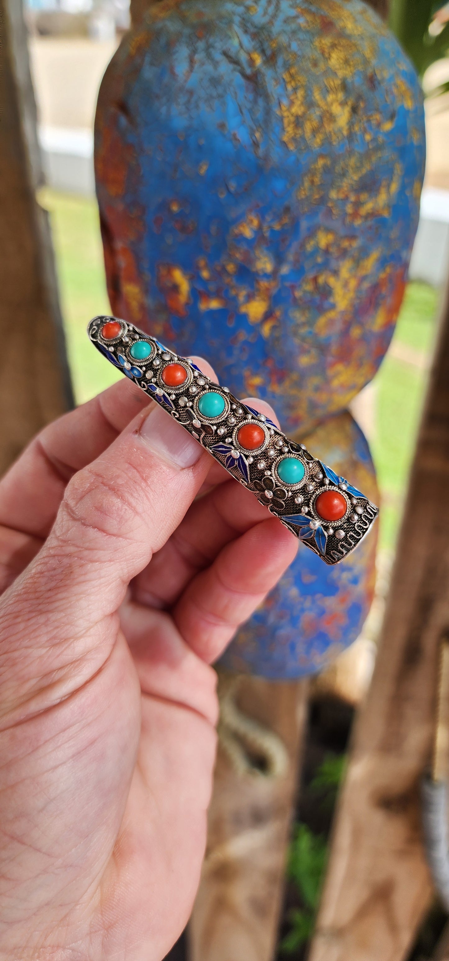 Unusual Antique Chinese export Sterling Silver and Enamel Filigree finger guard brooch with Turquoise & Coral cabochons.