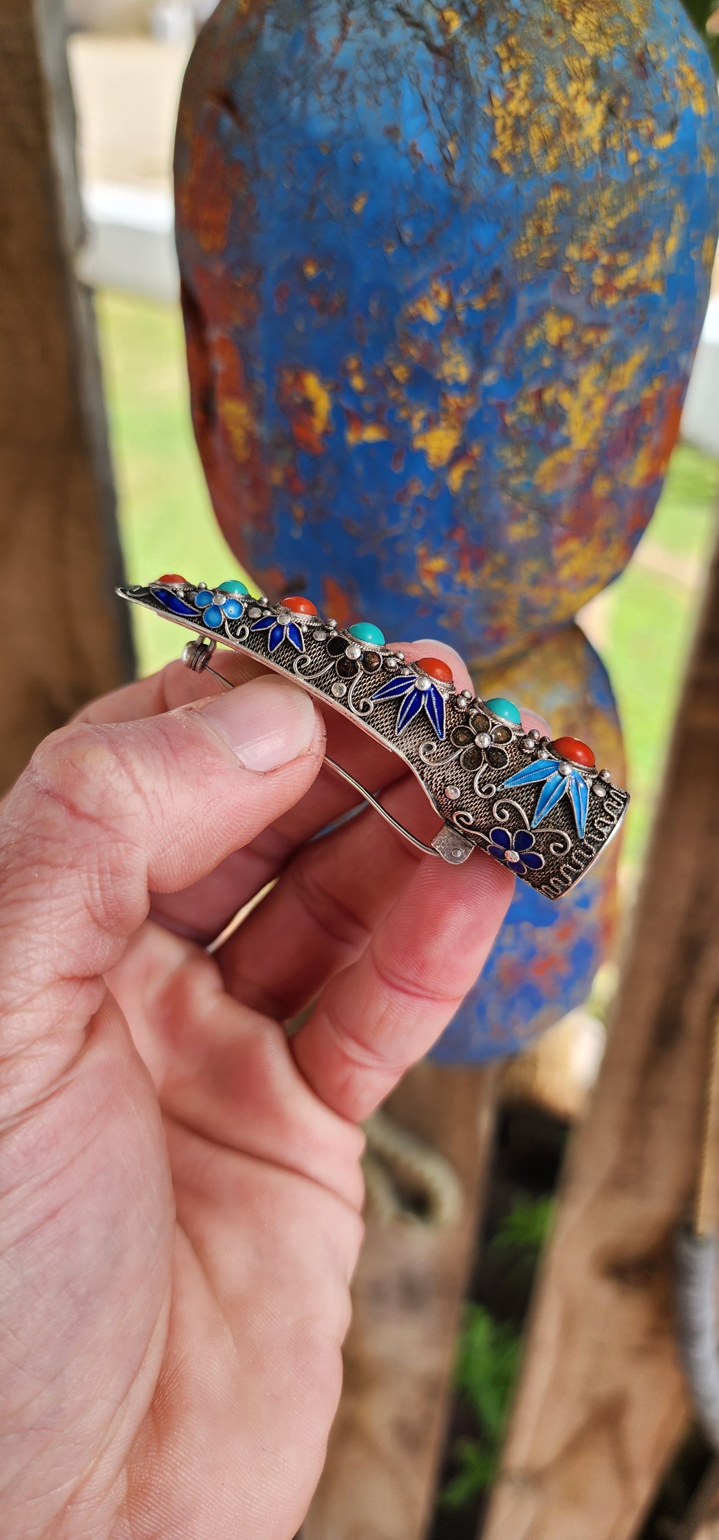 Unusual Antique Chinese export Sterling Silver and Enamel Filigree finger guard brooch with Turquoise & Coral cabochons.