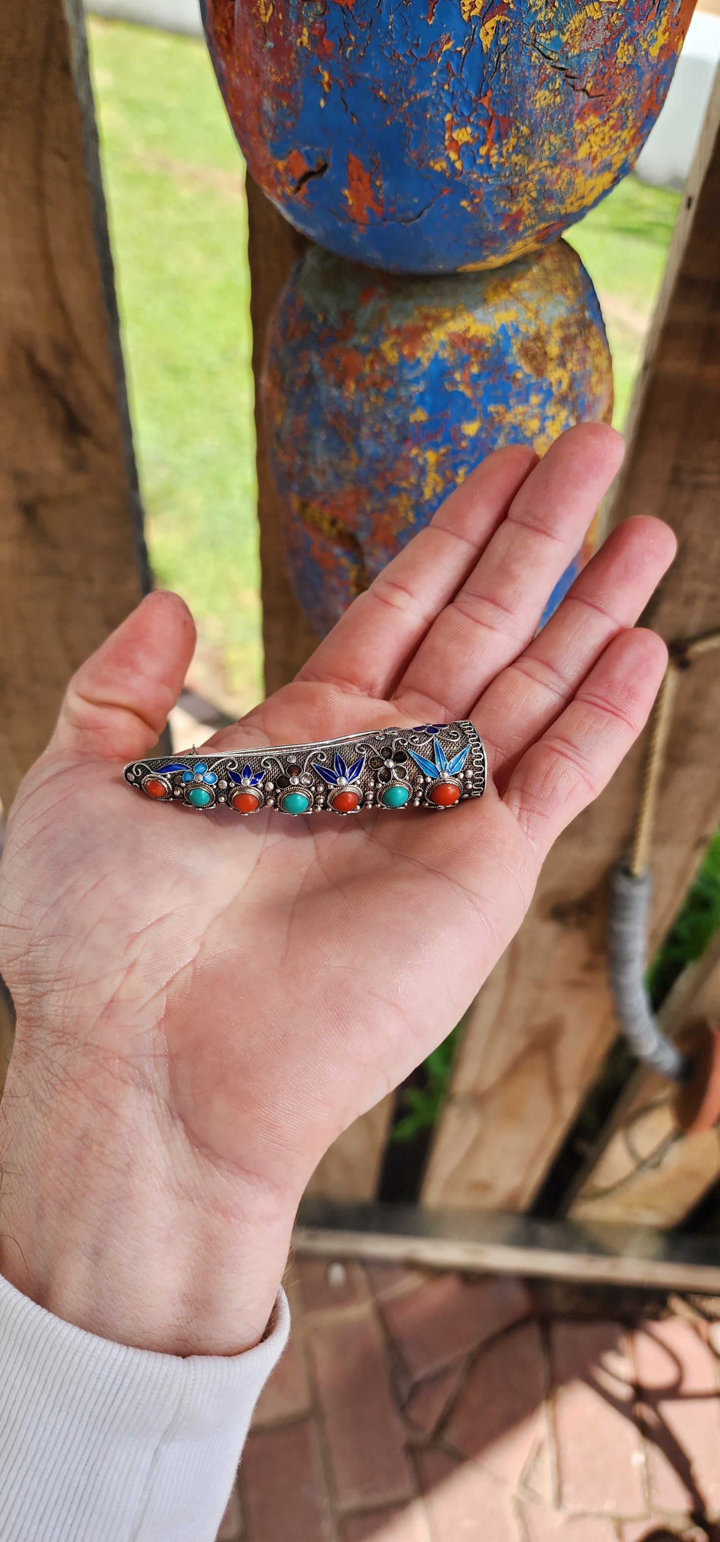 Unusual Antique Chinese export Sterling Silver and Enamel Filigree finger guard brooch with Turquoise & Coral cabochons.