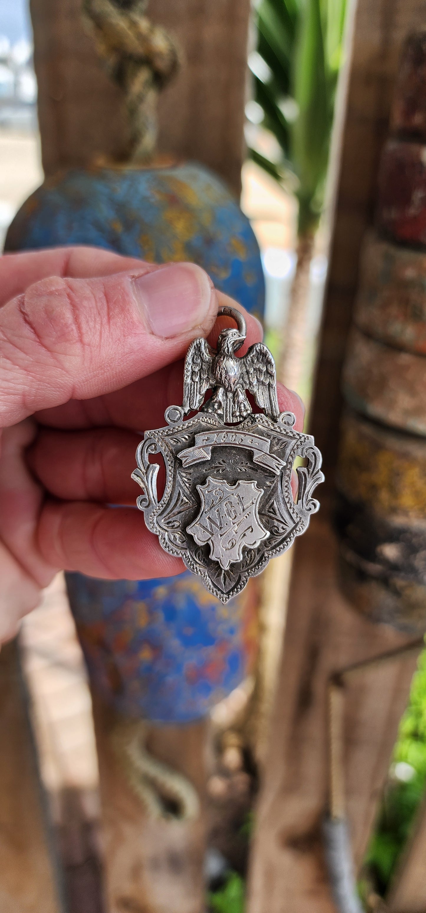 Spectacular and large size Antique Edwardian Hallmarked Silver fob shield medal.