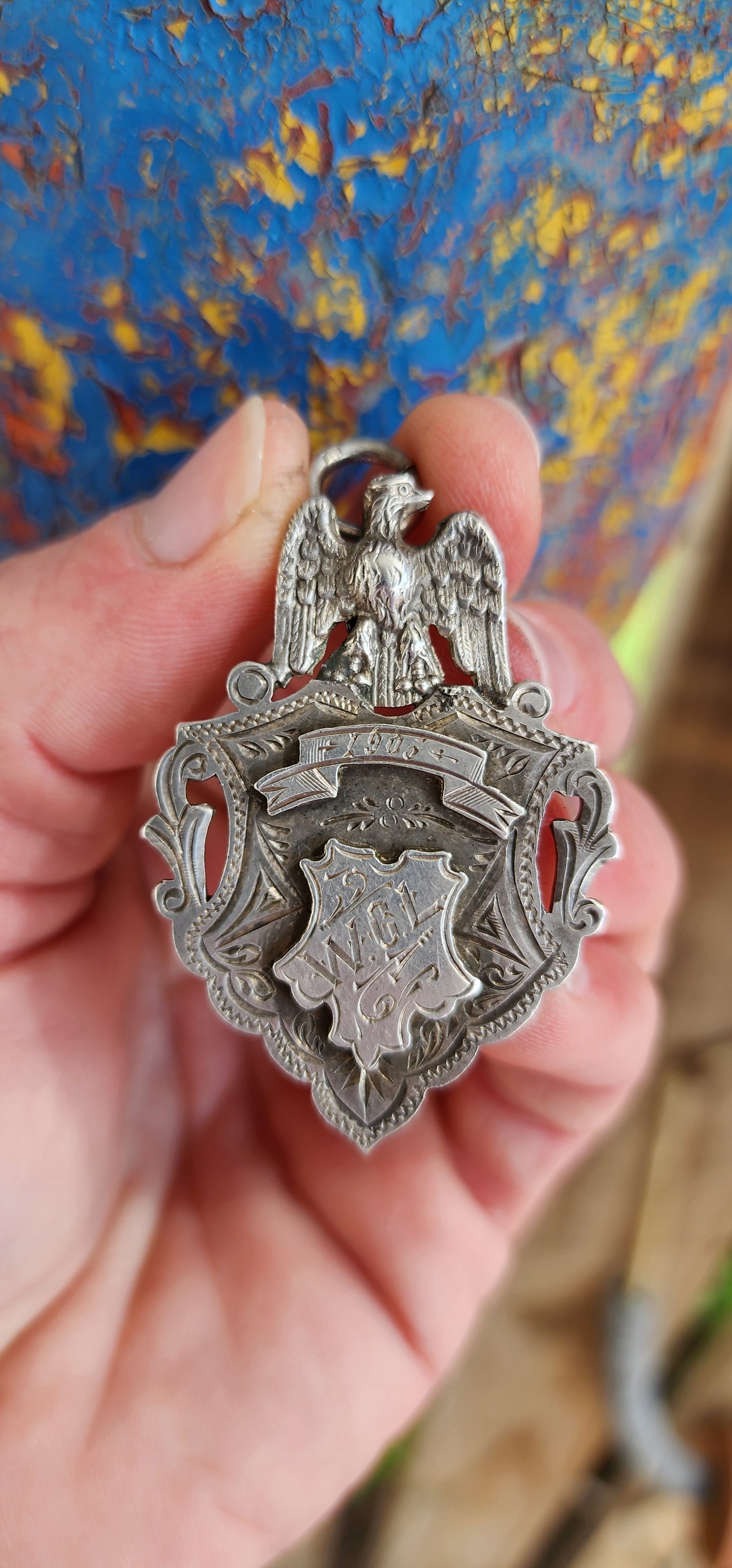 Spectacular and large size Antique Edwardian Hallmarked Silver fob shield medal.