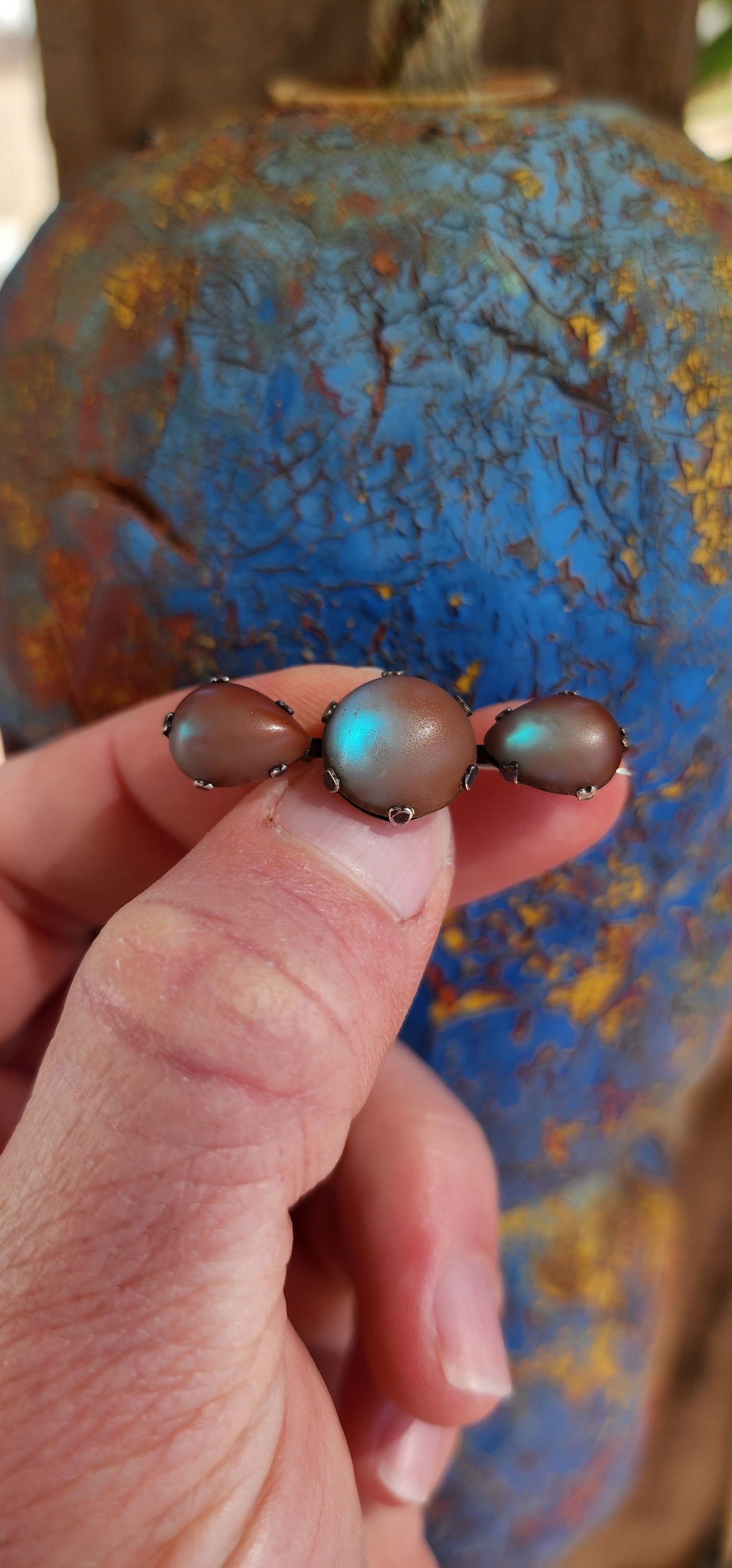 Extremely rare Antique late Victorian Arts and Crafts era Hallmarked Silver and Saphiret Glass Cabochons bar brooch.