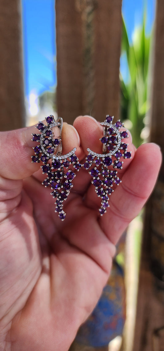 Exquisite pair of statement push-in earrings made of Sterling Silver, Amethyst, and Clear CZ Gemstones. Crafted to resemble delicious grape clusters.