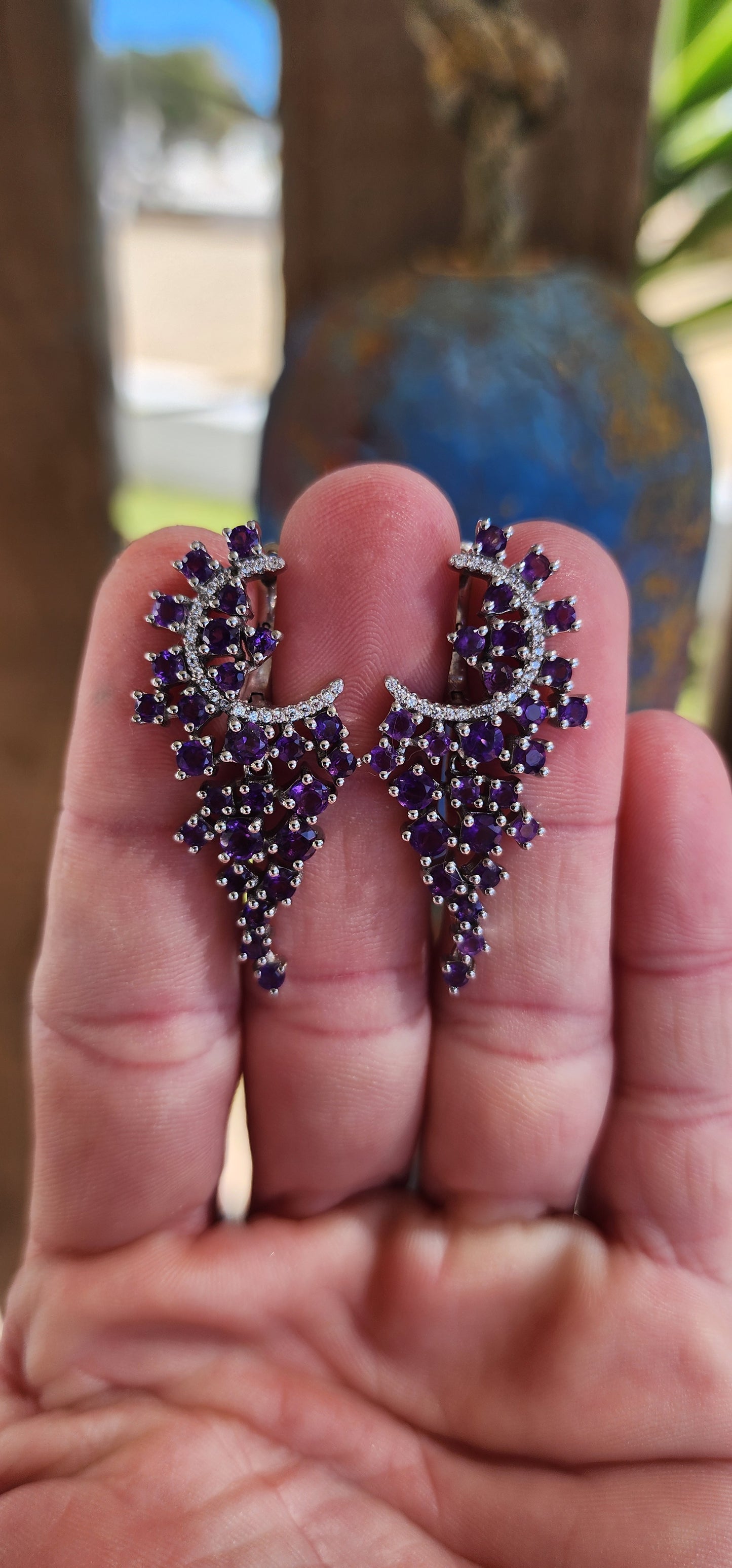 Exquisite pair of statement push-in earrings made of Sterling Silver, Amethyst, and Clear CZ Gemstones. Crafted to resemble delicious grape clusters.