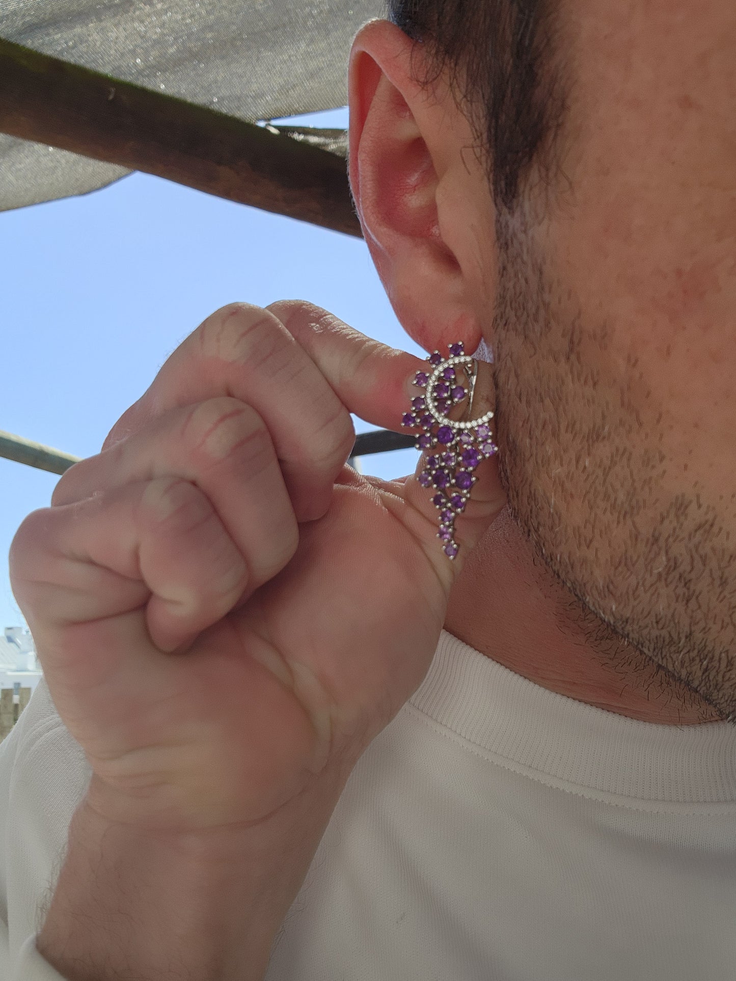 Exquisite pair of statement push-in earrings made of Sterling Silver, Amethyst, and Clear CZ Gemstones. Crafted to resemble delicious grape clusters.