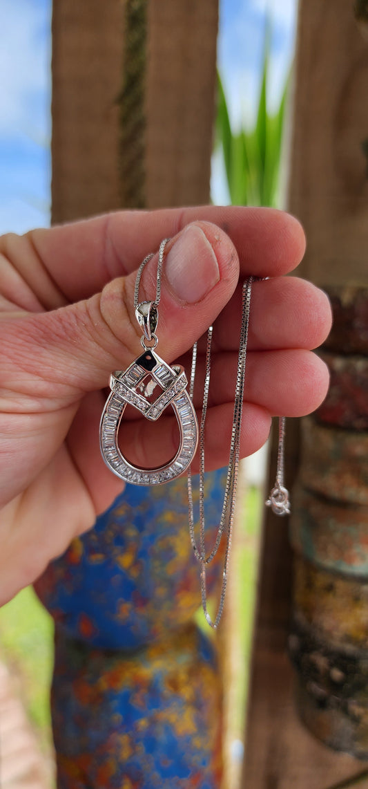 Macnificent Art Deco inspired Sterling Silver and CZ Gemstones pendant on chain.