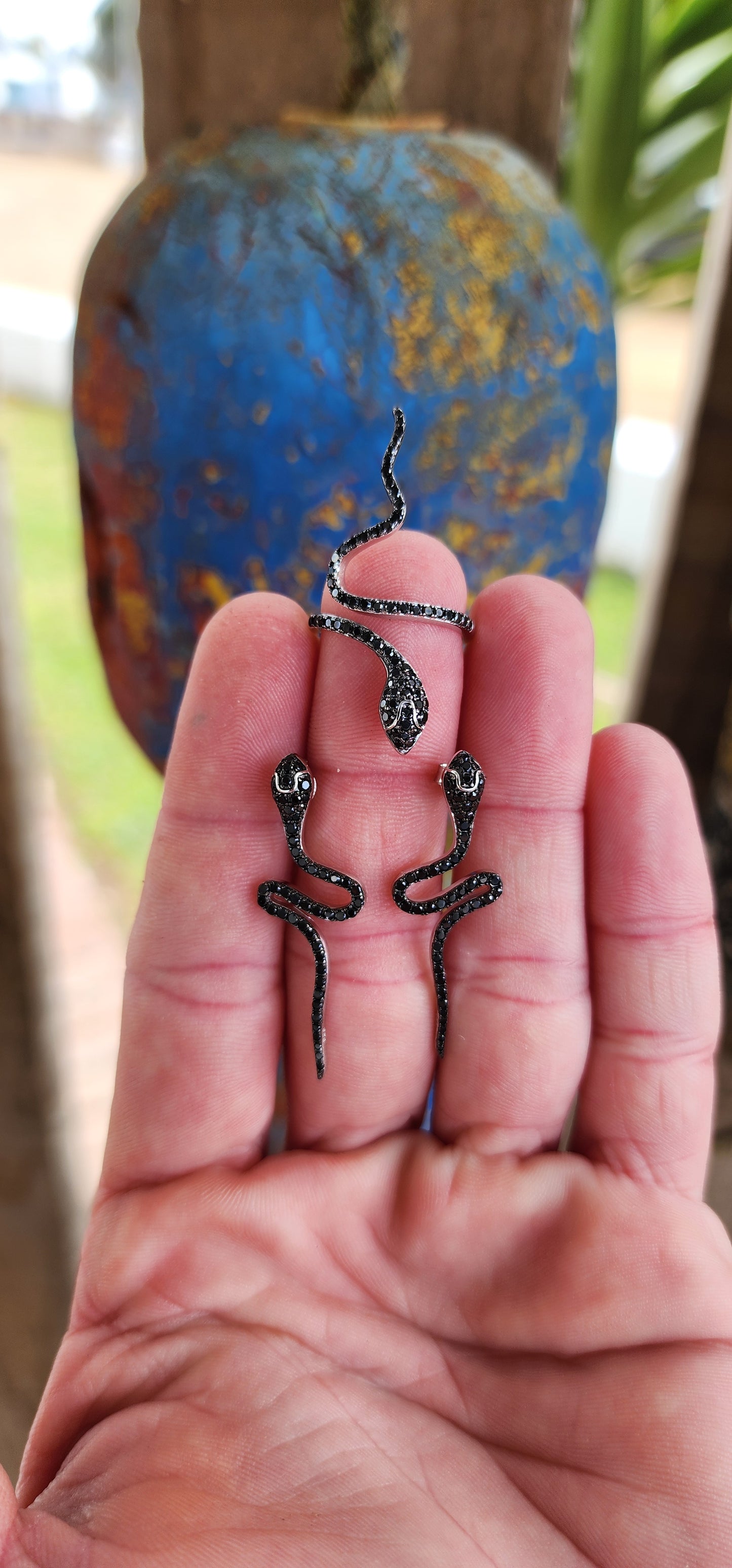 Magical and inimitable Sterling Silver Serpents push-in earrings.The Serpents are adorned with pave Black Spinel Gemstones, adding a magical sparkle to their eyes and body.